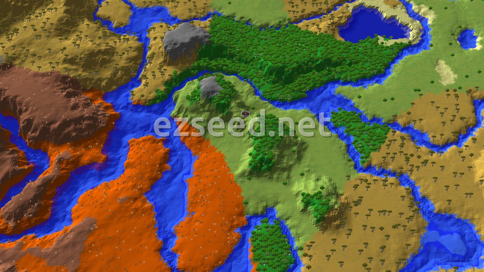 A green plains spawn on a low hill, split by river channels from orange badlands to the west and dry savanna to the east, with a dense forest to the north.
