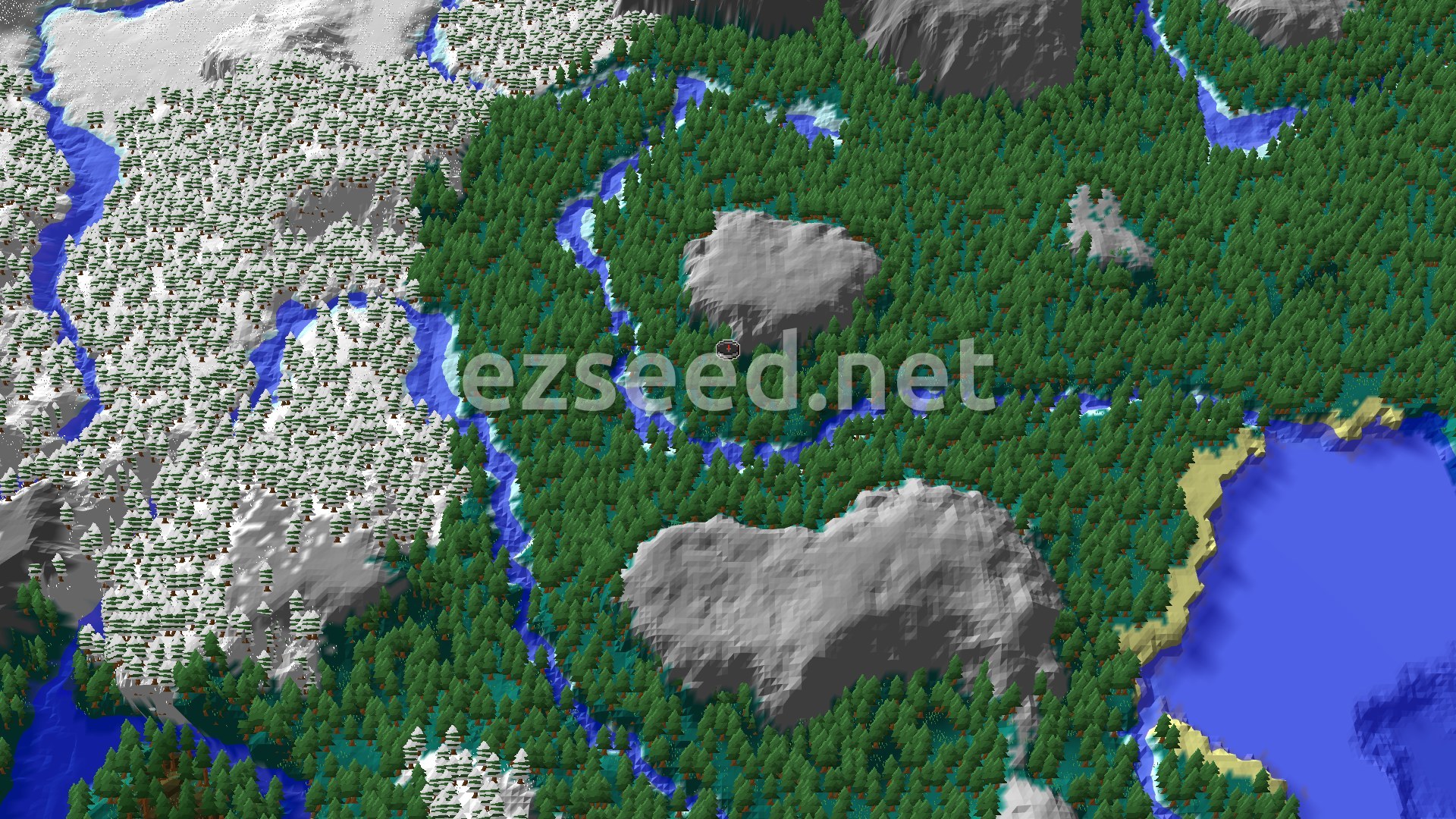 A vast evergreen forest with snowy mountains to the west, cut through by winding rivers, and a large body of water with a sandy shore to the southeast.