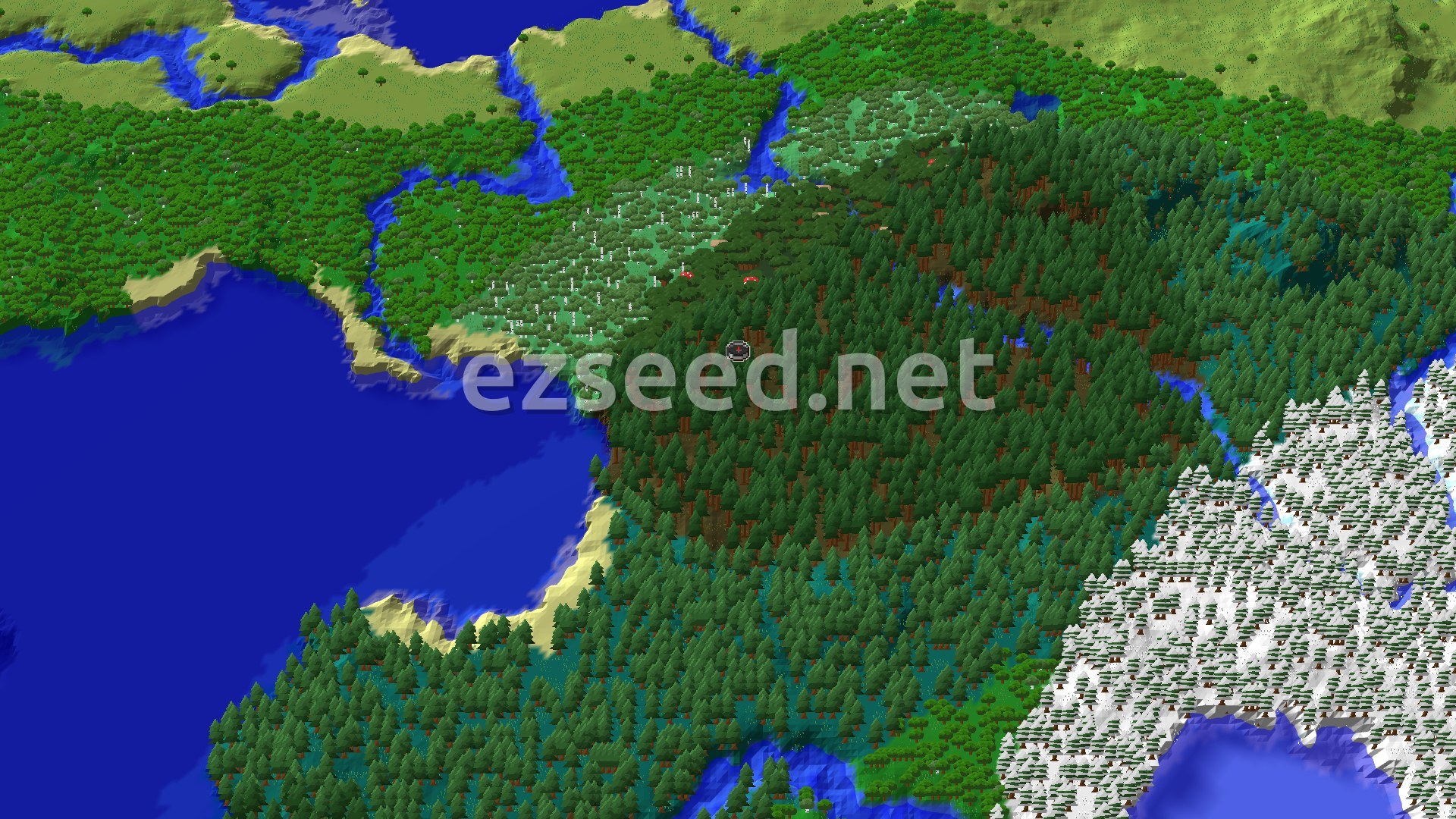 A 3D fly-over of dark pine taiga around spawn, with pale birch forest to the north, open ocean and sandy beach to the west, and snow-covered spruce to the southeast.