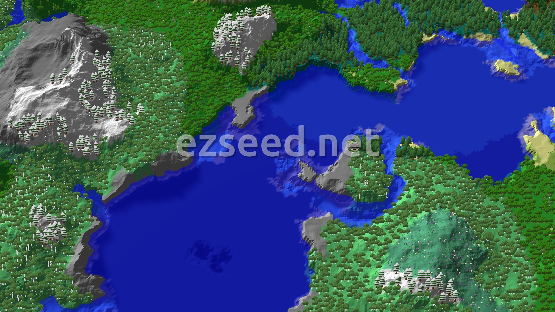 An aerial view of a large island covered in birch trees, surrounded by blue ocean, with snow-capped mountains and evergreen forests visible in the distance.