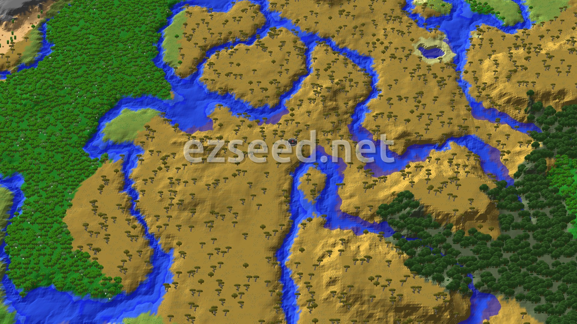An aerial view of a mostly Savanna biome, characterized by golden-brown terrain dotted with acacia trees, with rivers snaking through and darker green forests in the distance. A small spawn marker is near the center.