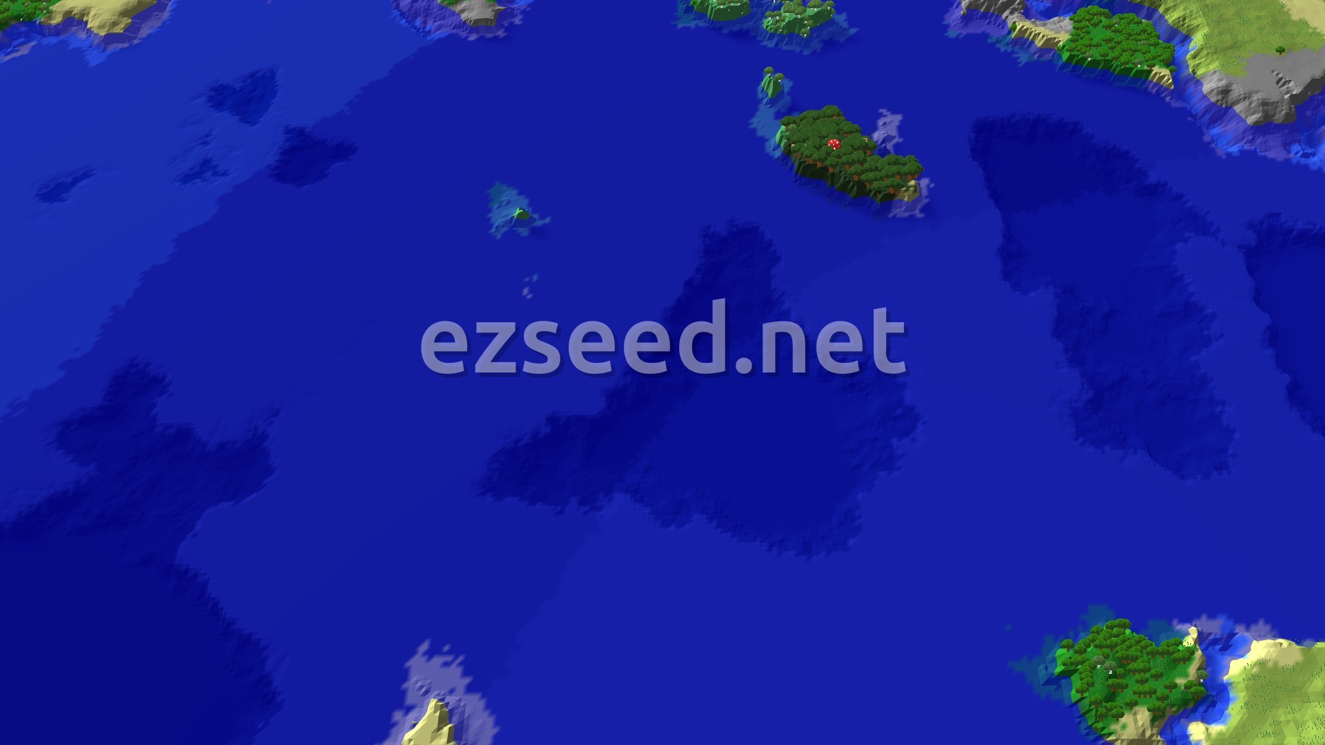 A fly-over of a dark-blue ocean dotted with small forested islands, with sandy shores and a larger landmass of grass and grey rock at the top right.