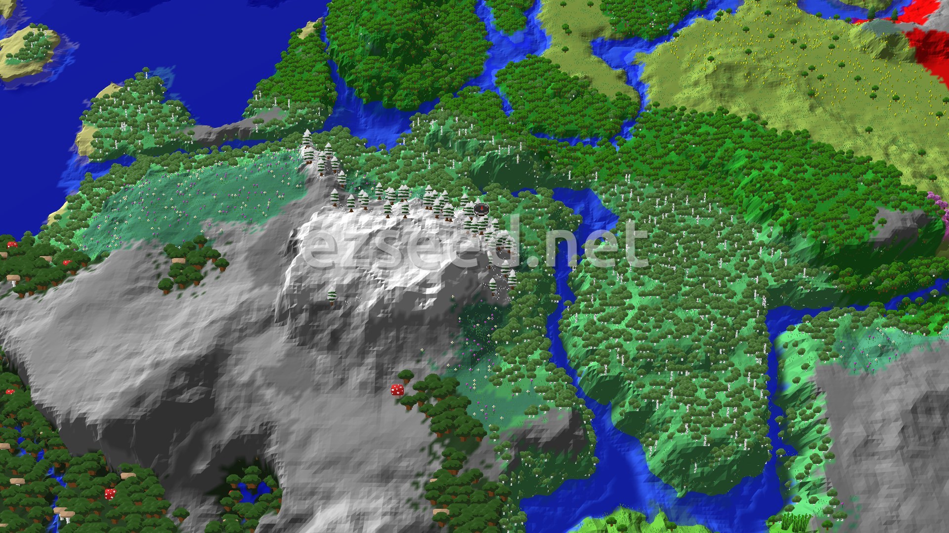 Aerial Minecraft seed map — Grove Spawn on a Jagged Peaks Ridge Above Birch Forest