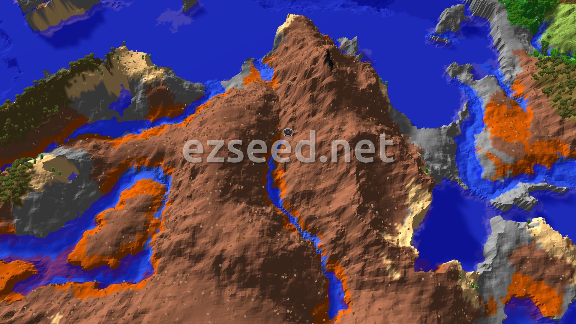 A tall red-brown Badlands ridge rising from blue water, with orange terracotta rims, grey stone shores and patches of green forest at the edges.