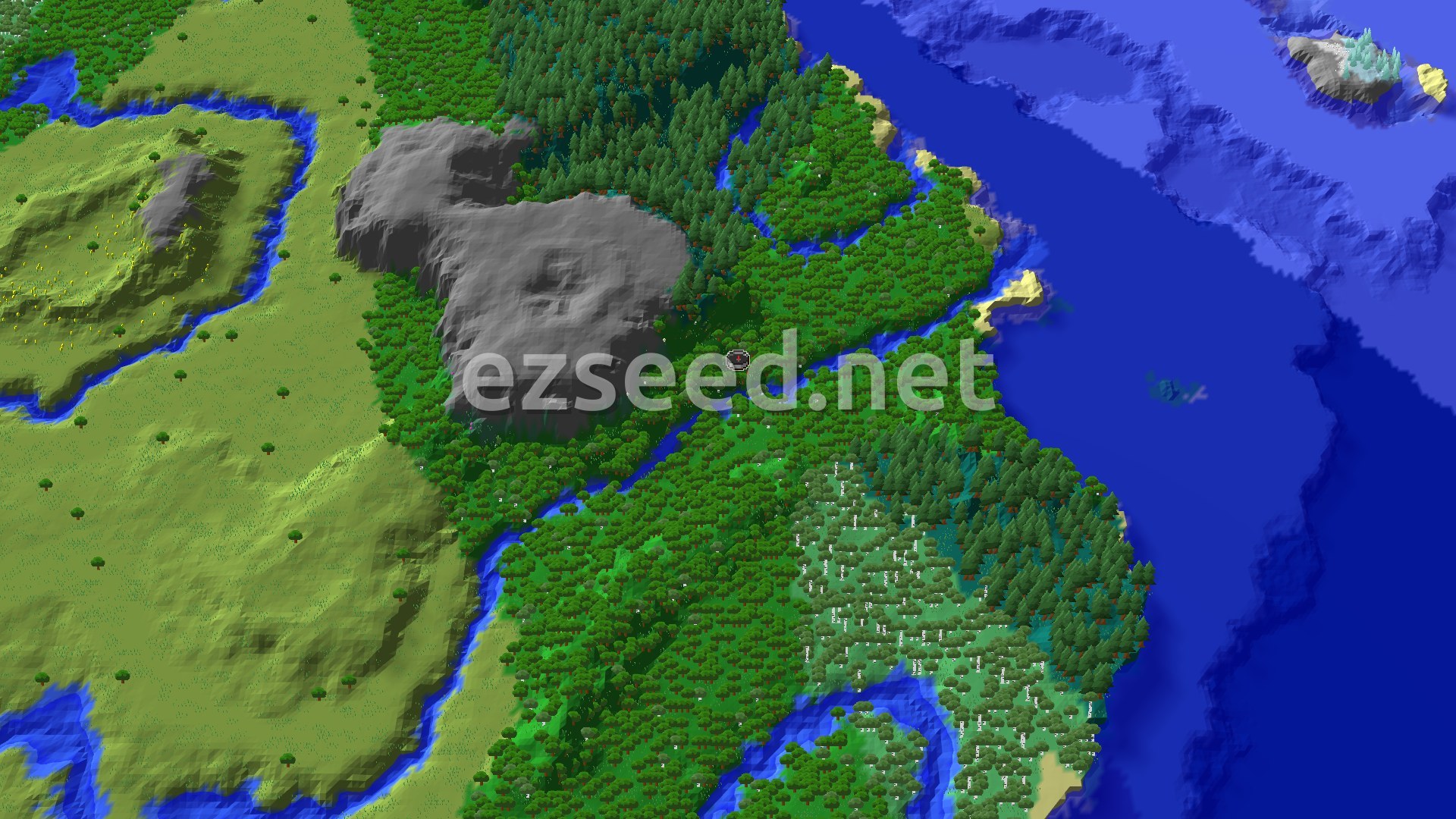 An aerial view of a forested coastline with a grey mountain and rivers, with deep blue ocean to the east.