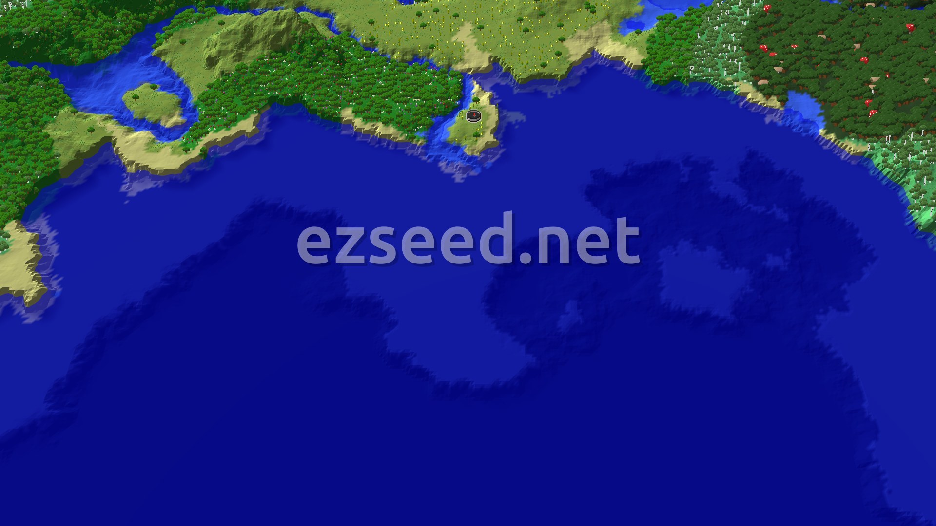 A small, green island with some trees and a beach sits in a large blue ocean. Lush green land with forests and plains can be seen across a narrow channel.