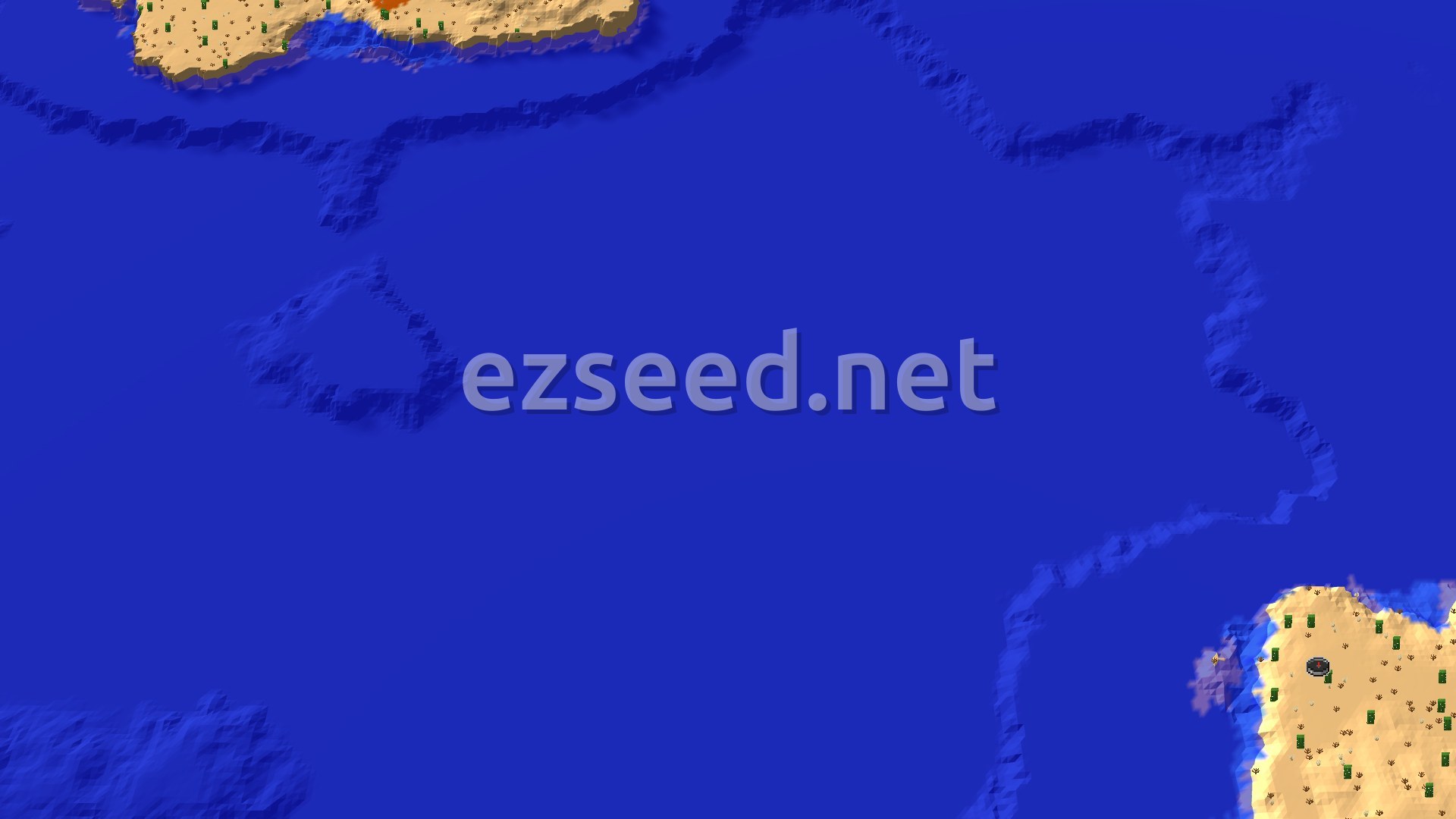 A vast blue ocean dominates the center, with sandy desert islands and coasts visible at the top and bottom. Green cacti dot the desert terrain, and a small spawn marker is visible on the top desert landmass.