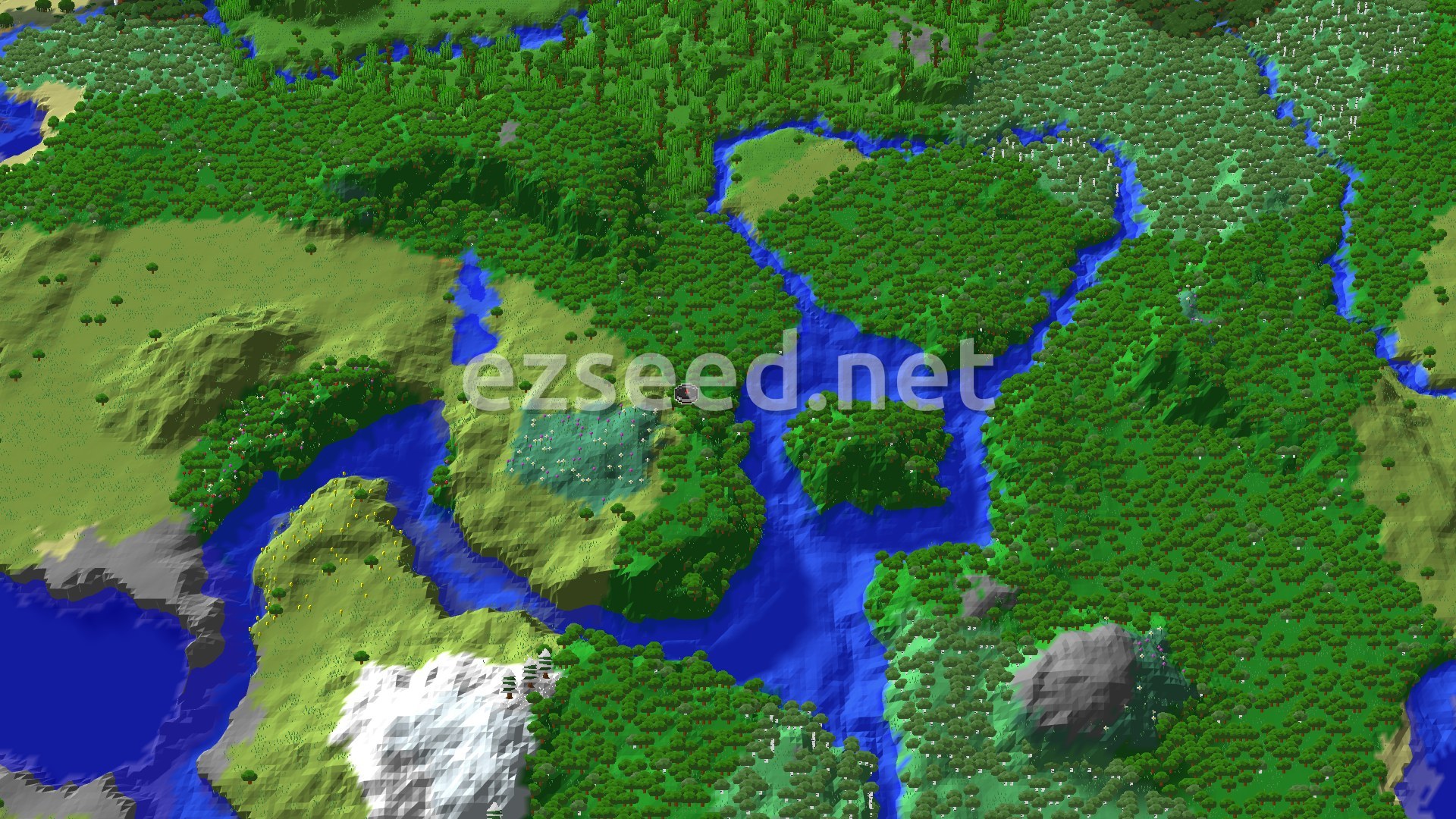 Aerial Minecraft seed map — Flower Forest and River Forest Biome Mix With a Jungle Temple