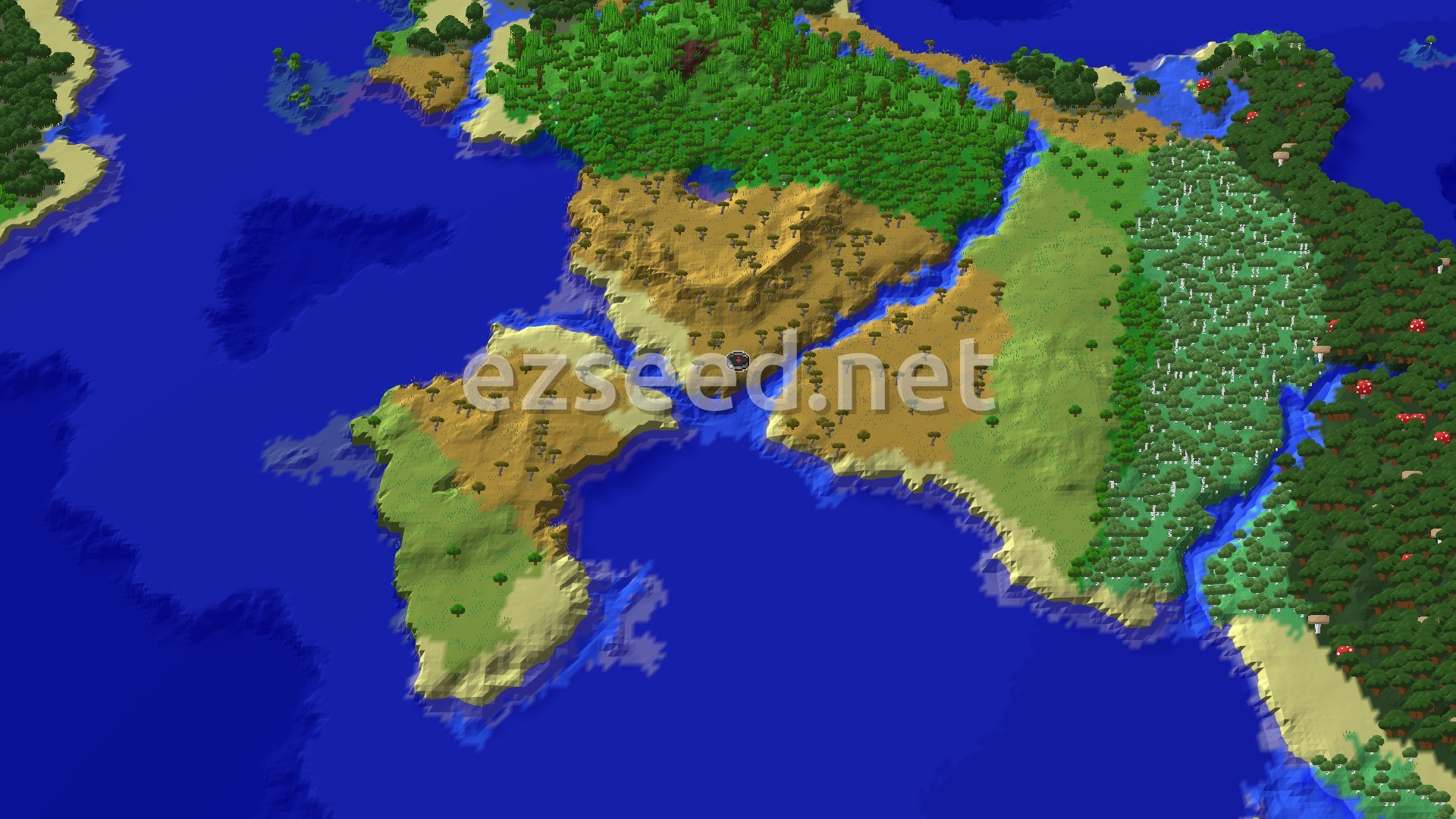 An aerial view of a varied landscape featuring a central savanna biome with hills, bordered by a large body of water, and flanked by lush green forests and a patch of mushroom fields.