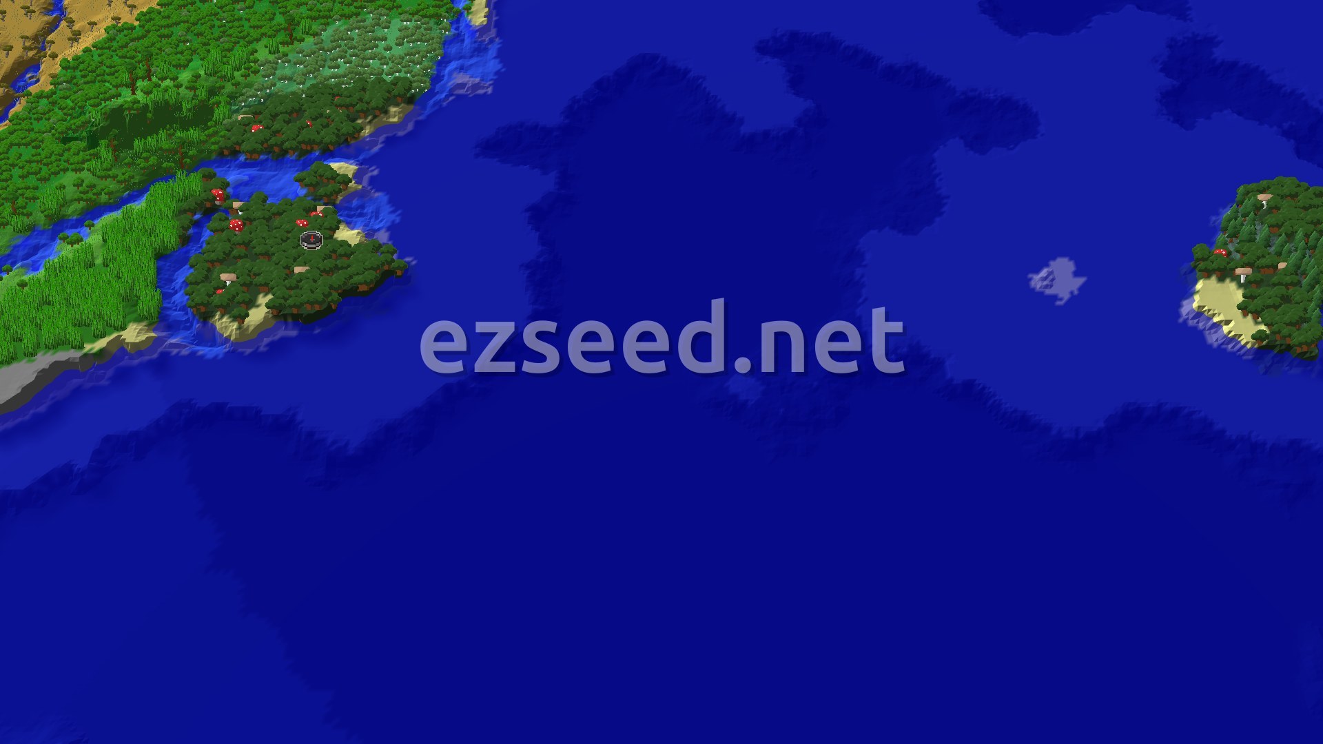 A small island of dark oak trees and red mushrooms with a sandy rim sits in deep blue water, with a green jungle and forest coastline across a narrow channel.
