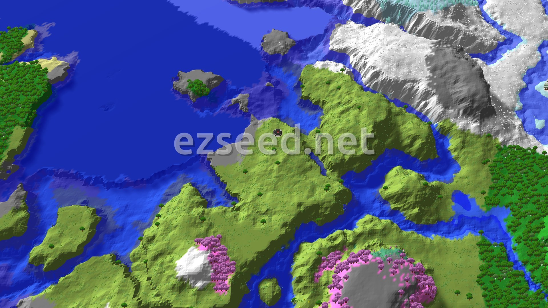 An aerial view of a varied landscape, showing green plains, a winding river, a large snowy mountain range, and two patches of pink-leafed cherry blossom trees.