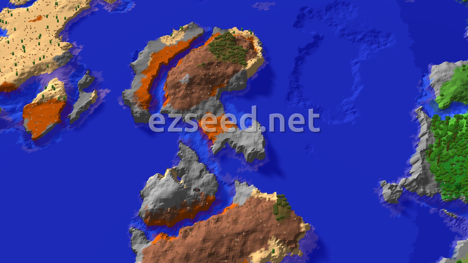 An aerial view shows a large, irregularly shaped island with areas of grey stone, orange badlands, and patches of green trees, surrounded by blue ocean. A small spawn marker is visible near the center of the island.