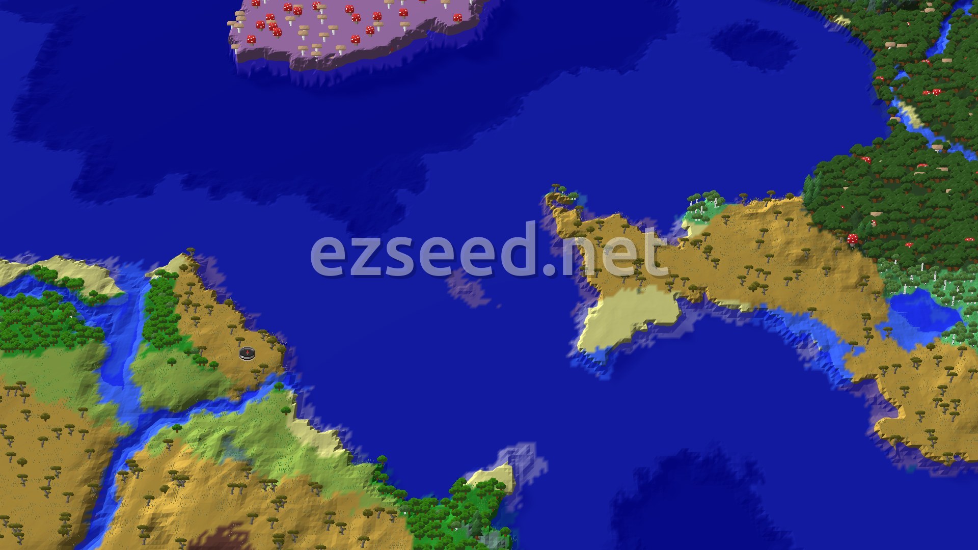 A 3D fly-over of a savanna coastline with acacia trees, a river cutting through green hills, open blue ocean, and a mushroom-topped island across the water.