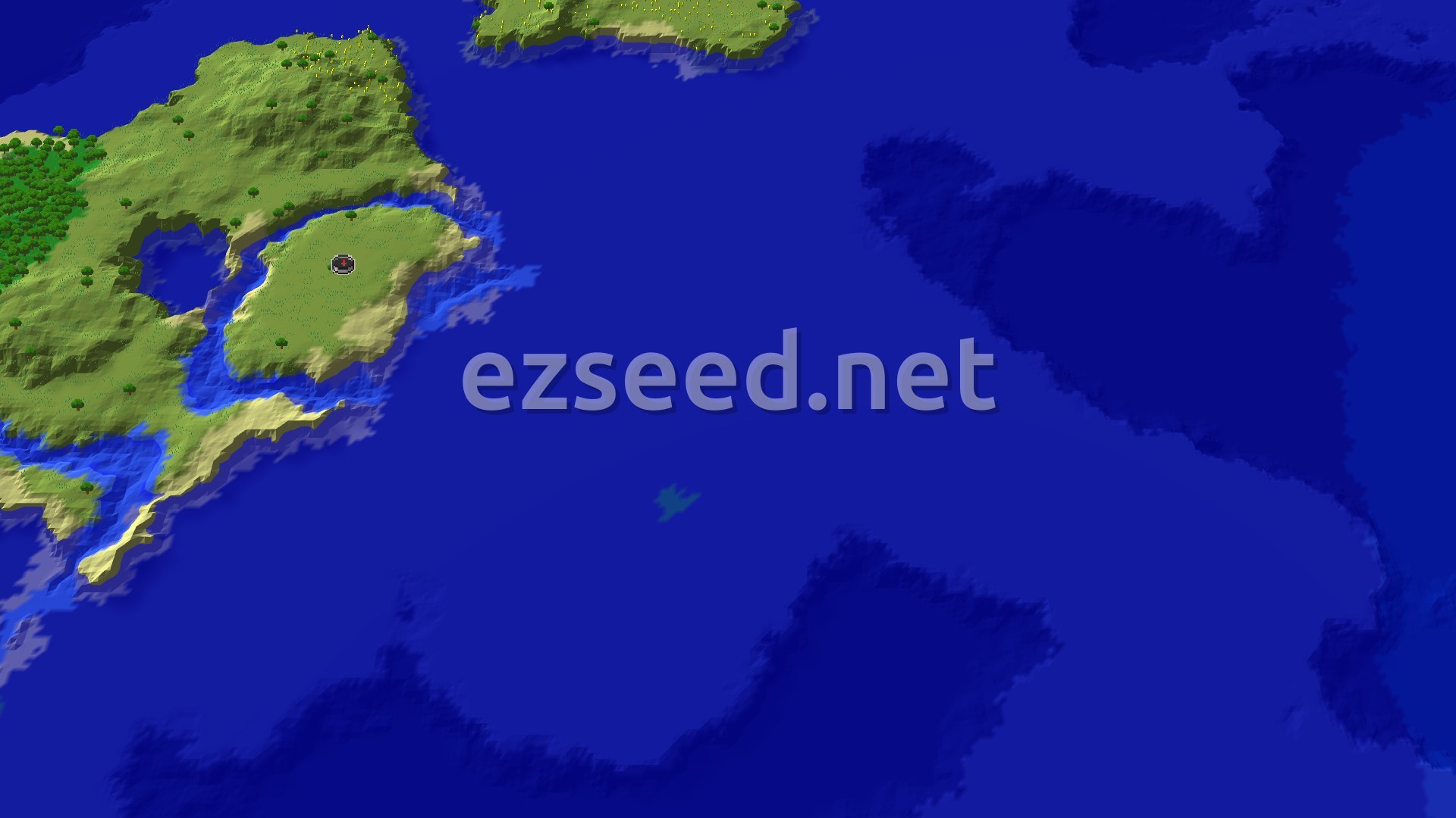 A green plains headland ringed by sand and shallow water on the left, with a dark ocean opening out to the right and another small island at the top.