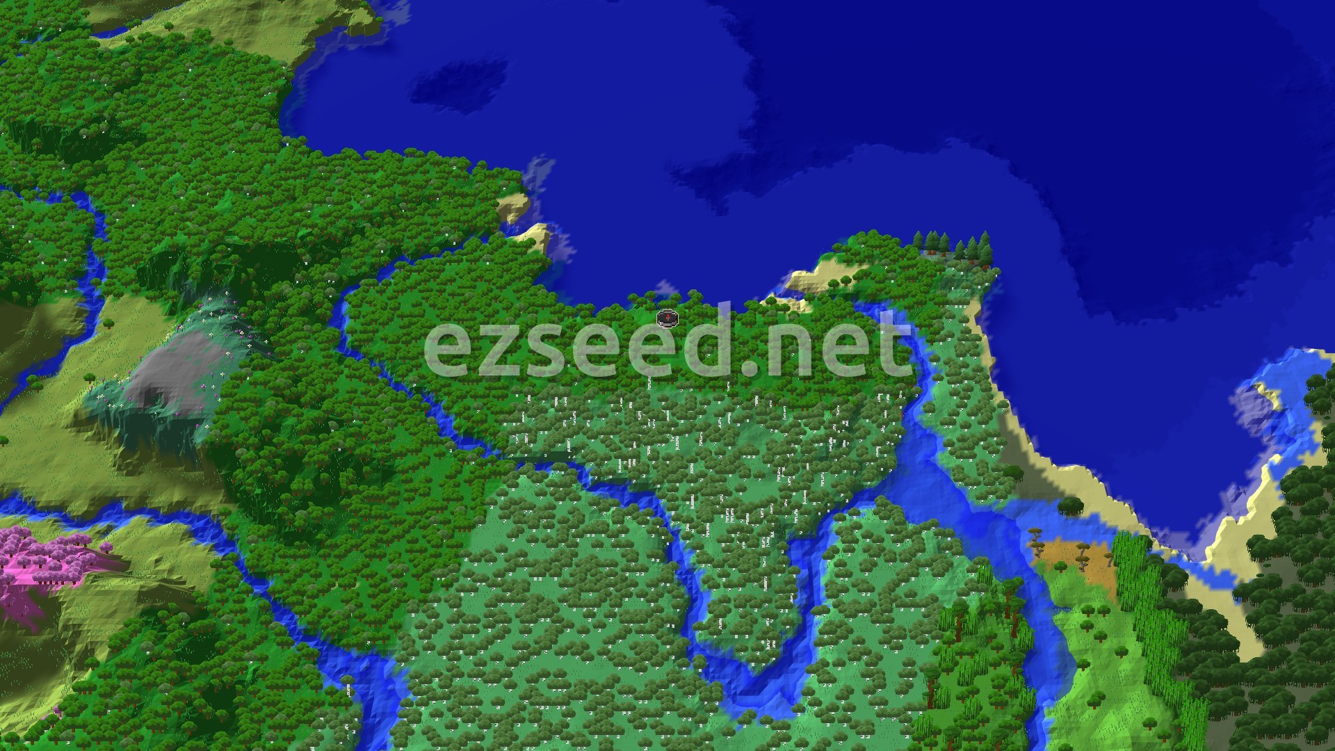 Aerial Minecraft seed map — Forest Coast with Ocean Ruin, Treasure and Shipwreck in Reach