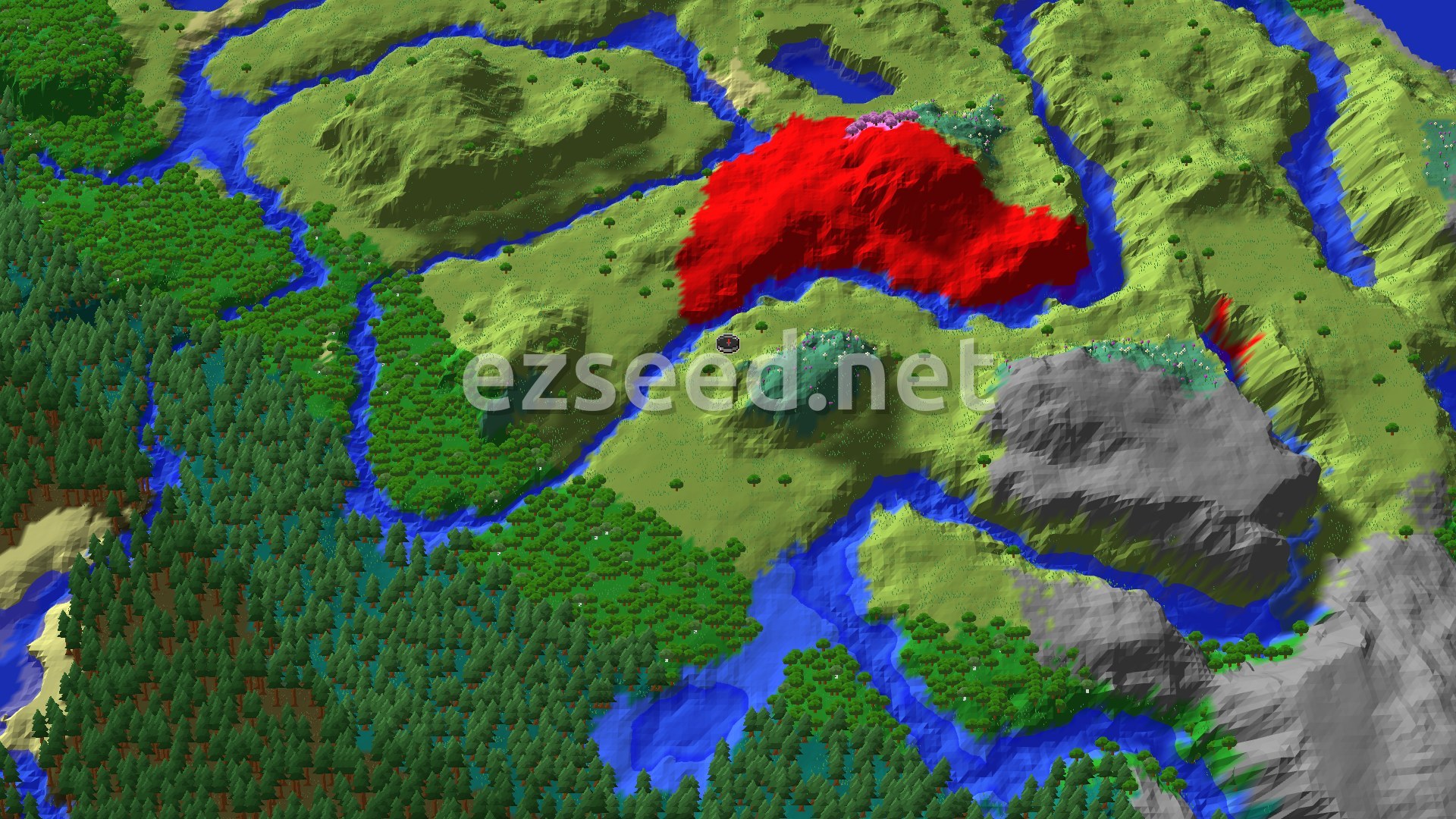 An overhead 3D view of rolling green plains and hills, with a large red Dappled Forest highlighted and a small spawn marker in the center. Rivers carve through the landscape, and darker green forests appear further out.
