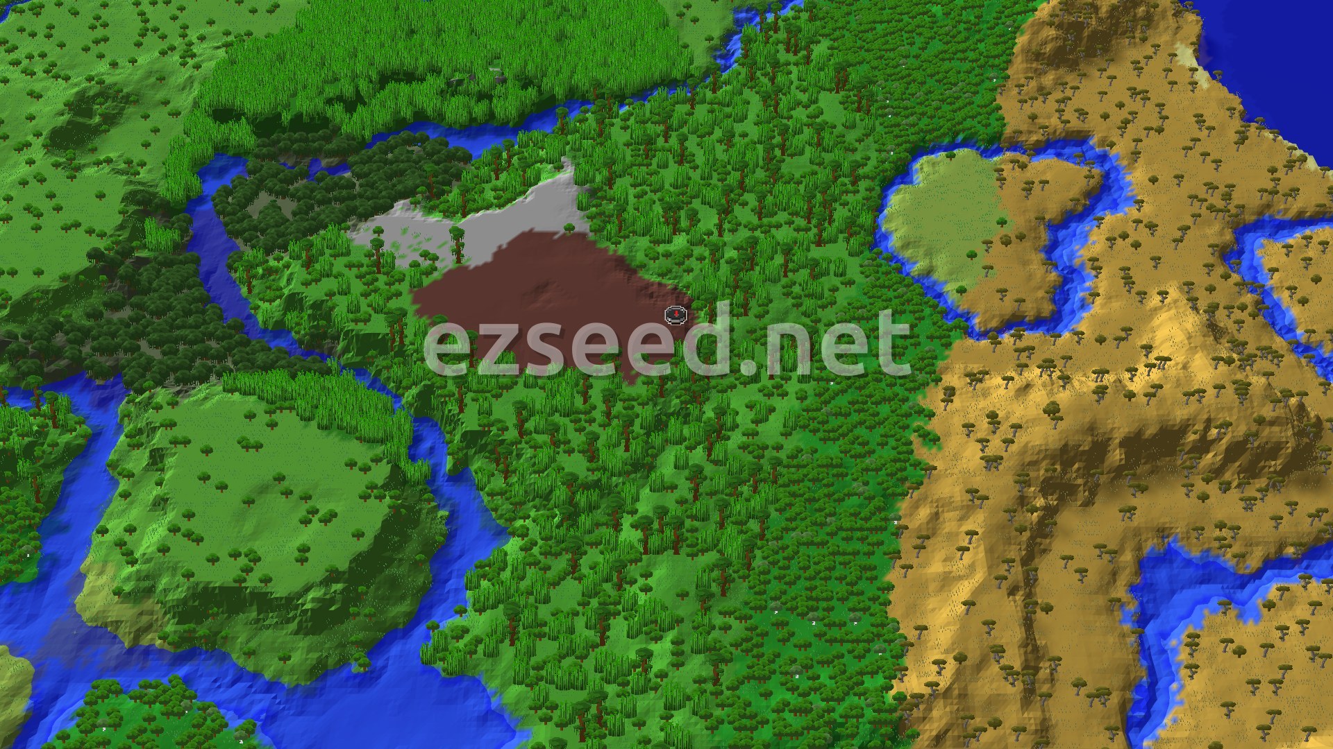 A fly-over of dense jungle with tall bamboo around the spawn marker, rivers and ocean to the west, and dry golden savanna hills rising to the east.