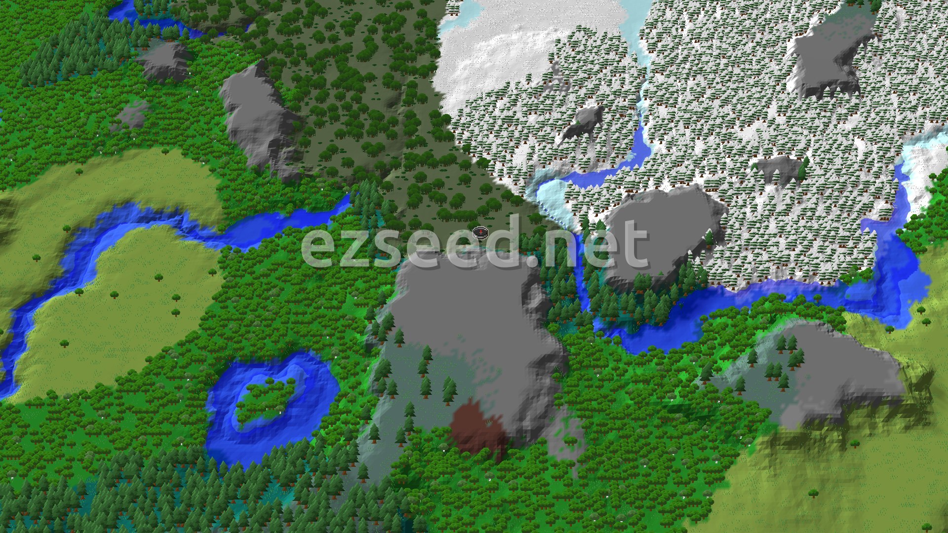 A fly-over of green forest and river valleys with grey rocky outcrops, bordered on the northeast by a snow-covered spruce forest and frozen water.