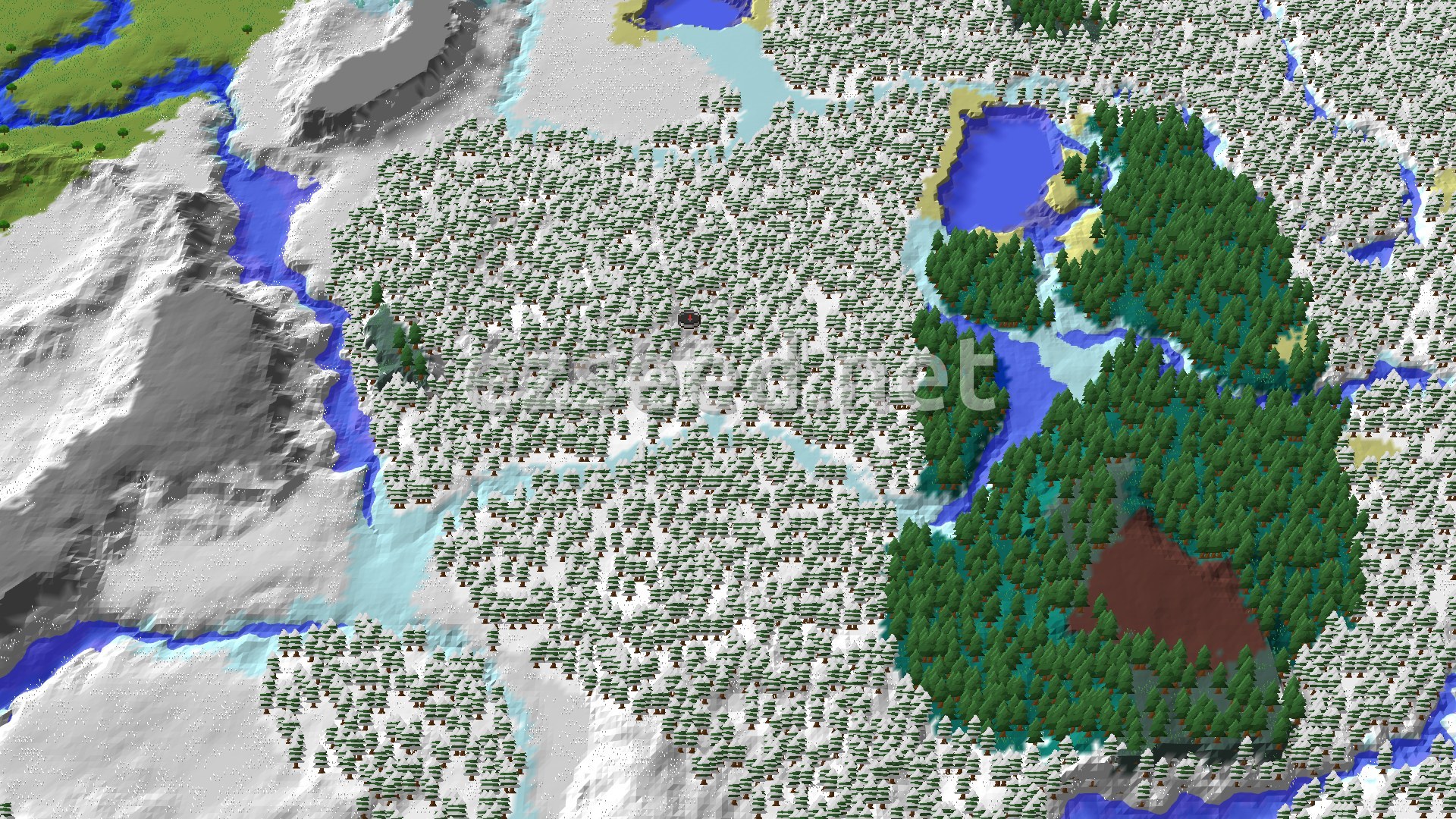 A 3D fly-over rendering of a snowy forest with taiga trees, a frozen river, and windswept hills, with a spawn marker in the center.