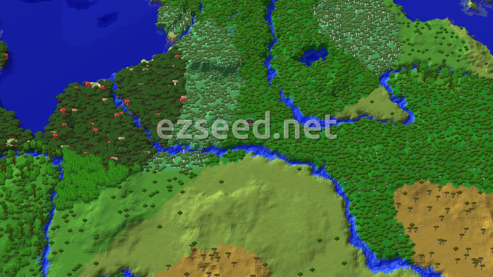 A forest-covered landscape cut by winding rivers, with birch woods and a mushroom-dotted dark forest to the west, a grassy plains hill to the south, and ocean in the upper left corner.