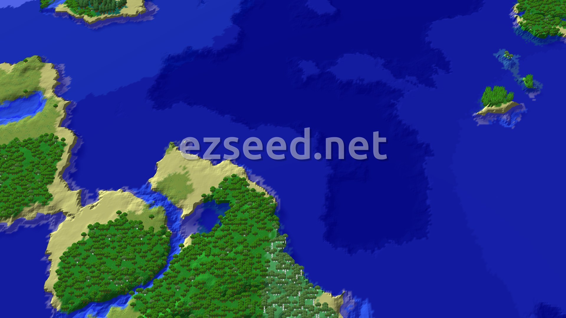 A fly-over of a green, tree-covered island with sandy beaches, bordered by deep blue ocean and small islets in the distance.