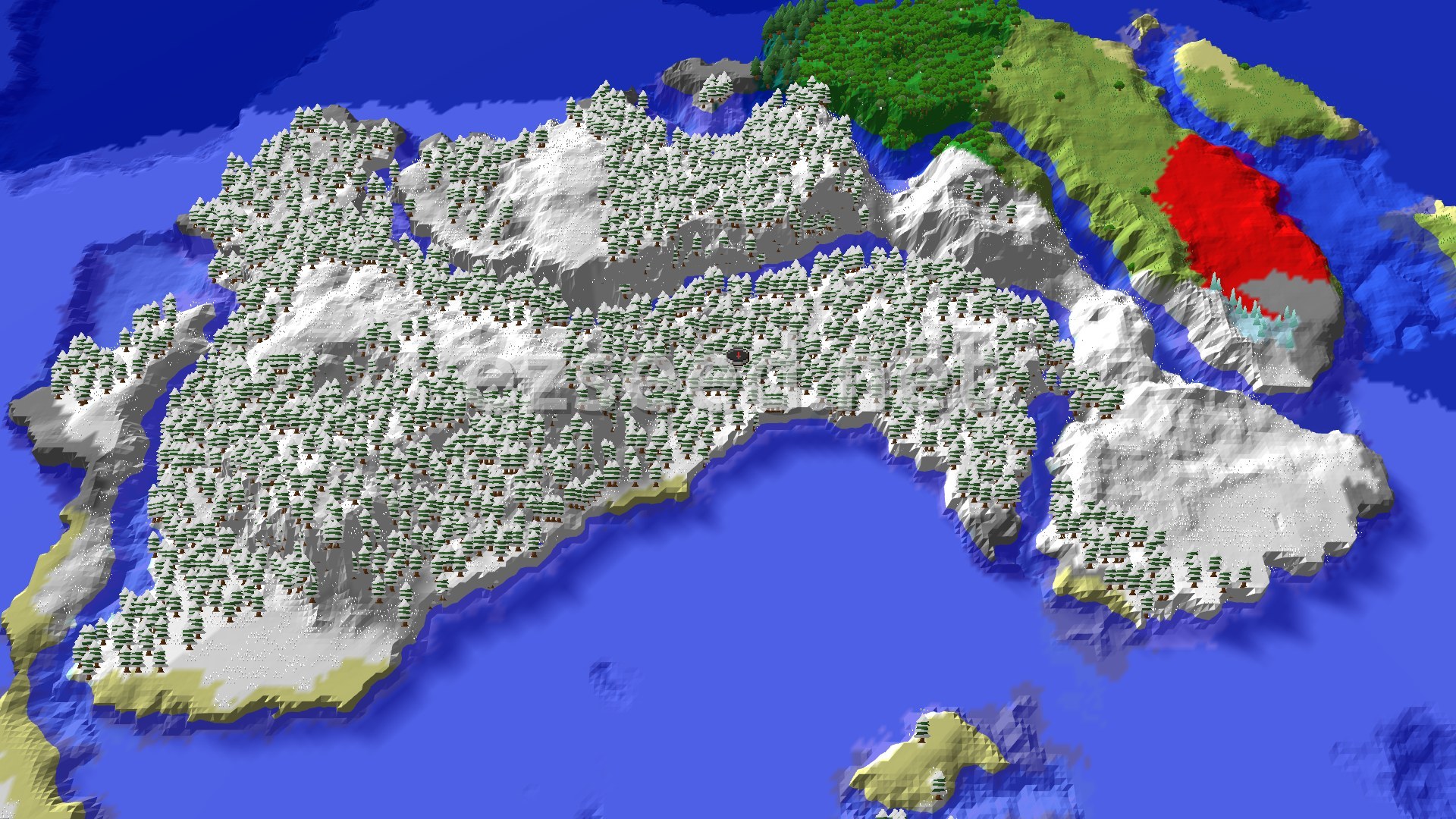 A long island of snow-covered spruce forest and white hills ringed by deep blue ocean, with green forest and tan beach at its northeast end and a bright red patch of terrain on the eastern coast.