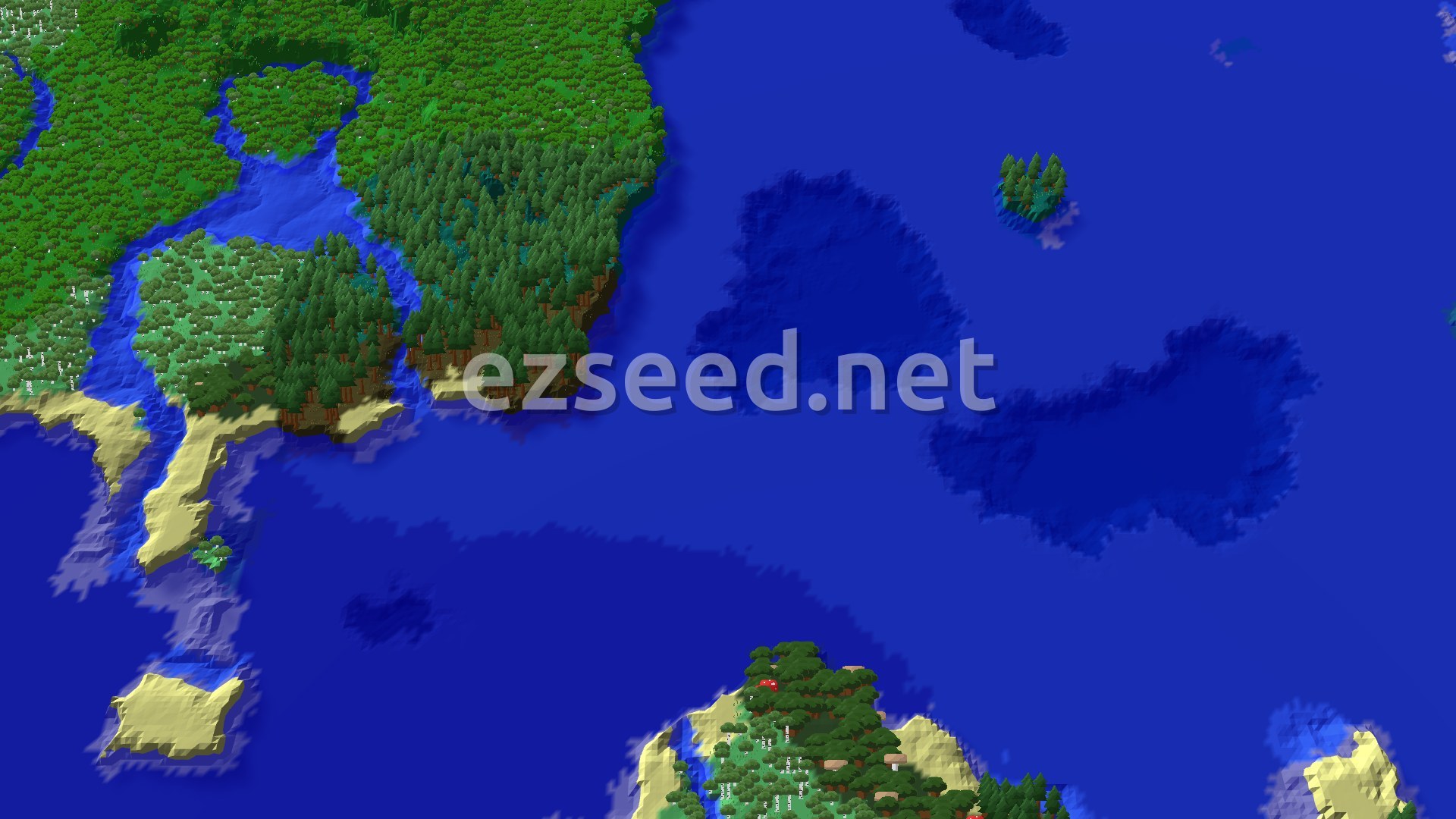A bird's eye view of a large, green island covered in a dense forest, surrounded by blue ocean. Smaller islands and deep water can be seen in the distance.
