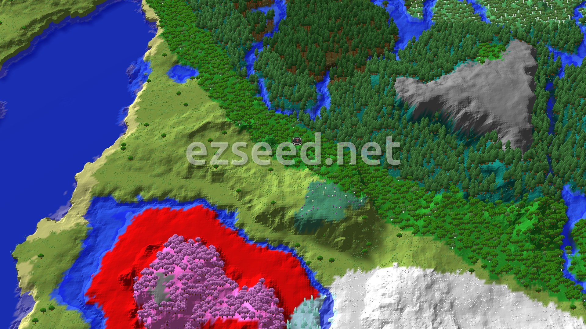 An overhead view of a diverse landscape featuring a mix of green forests, grassy plains, blue rivers and ocean, a large grey mountain, and distinctive pink cherry trees.