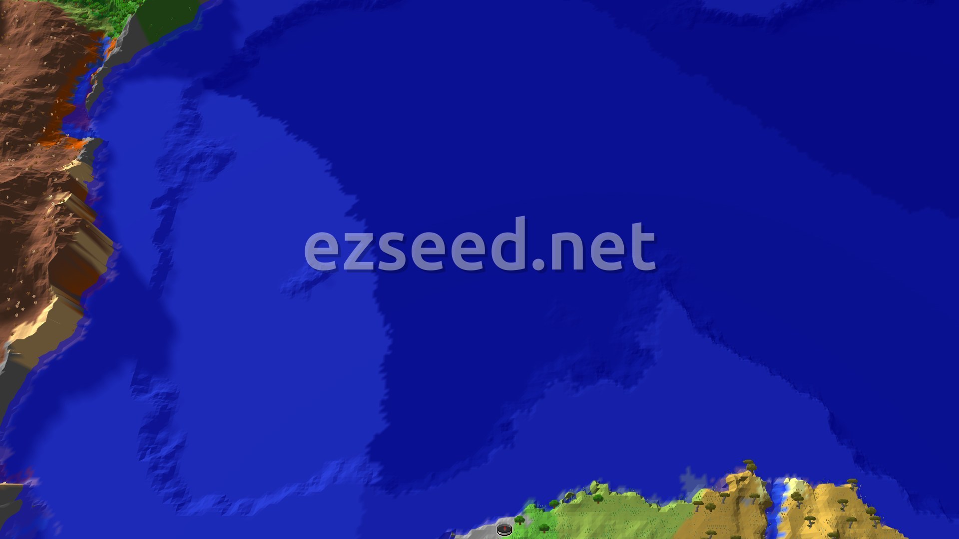 A 3D fly-over of a small stony shoreline with green plains and tan savanna along the bottom edge, a large expanse of deep blue ocean in the middle, and red-brown badlands cliffs down the left side.