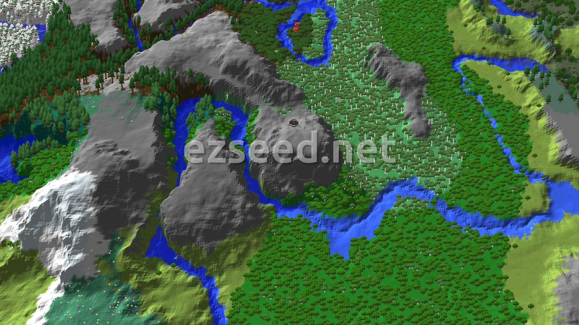 A grey rocky ridge rises beside a winding river, with forest and pale birch woods spreading out and snow-capped slopes at the left edge.