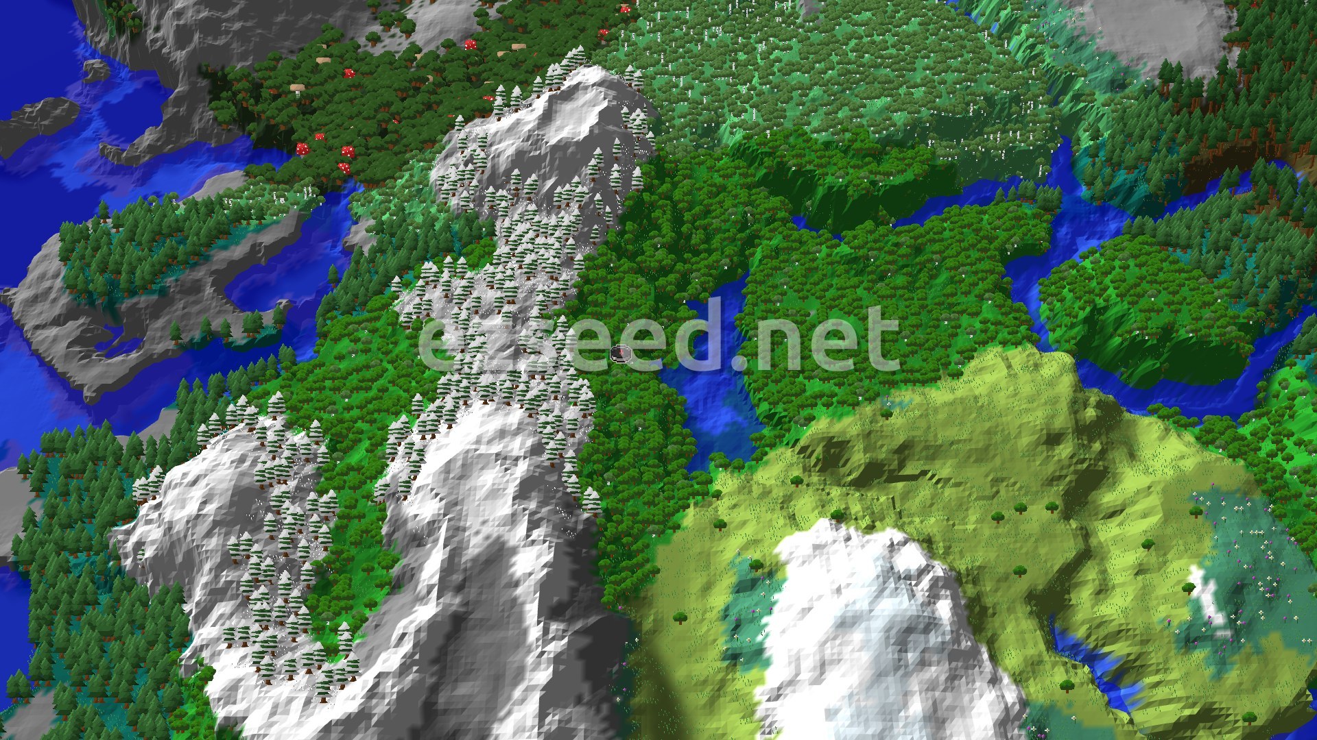 A 3D fly-over of a dense forest basin split by a river, with snow-dusted rocky peaks to the west and a bright grassy hillside to the southeast.