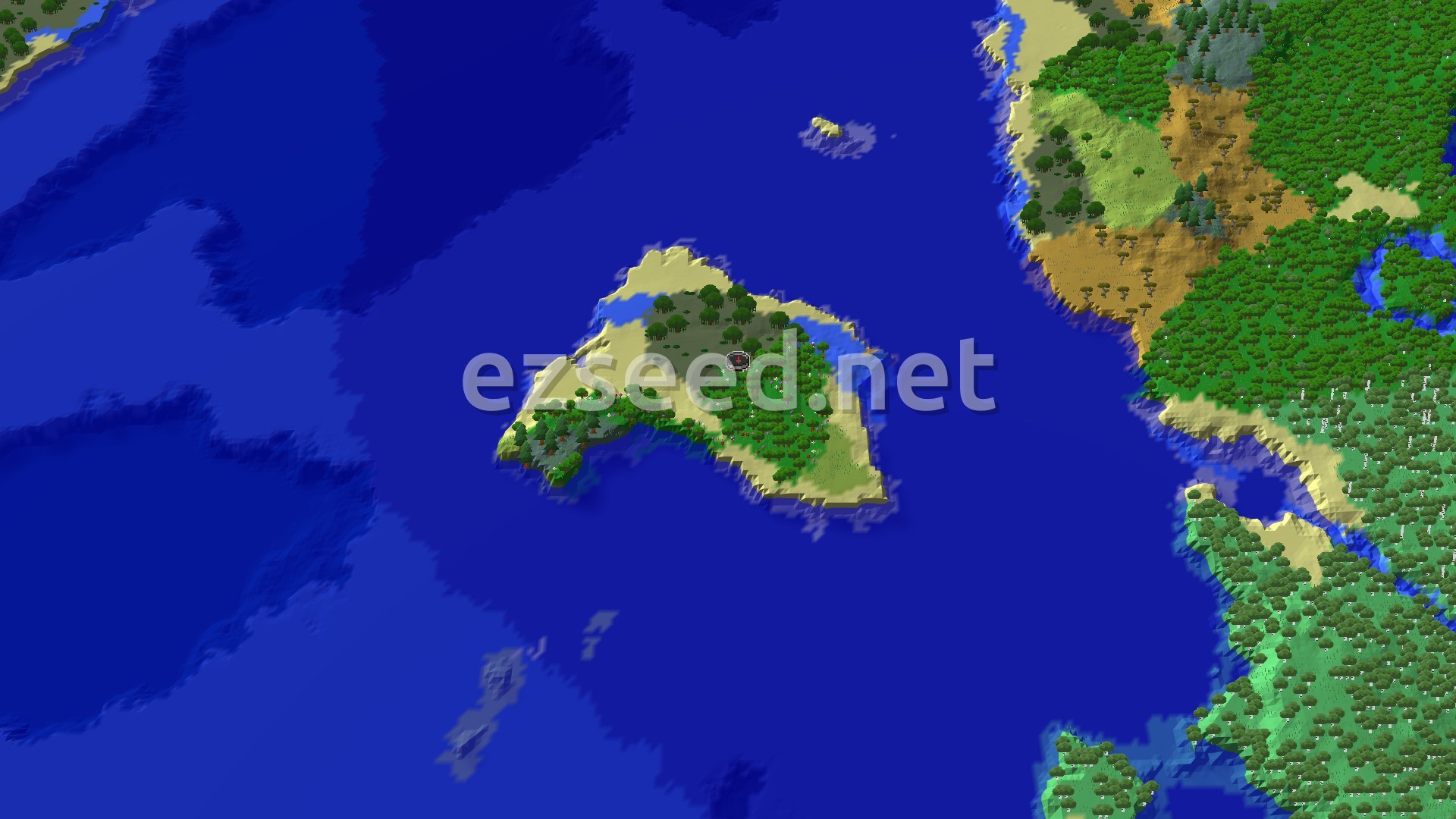 An aerial view of a large, irregularly shaped island covered in forests and some plains, surrounded by deep blue ocean. A small spawn marker is visible near the center of the island.