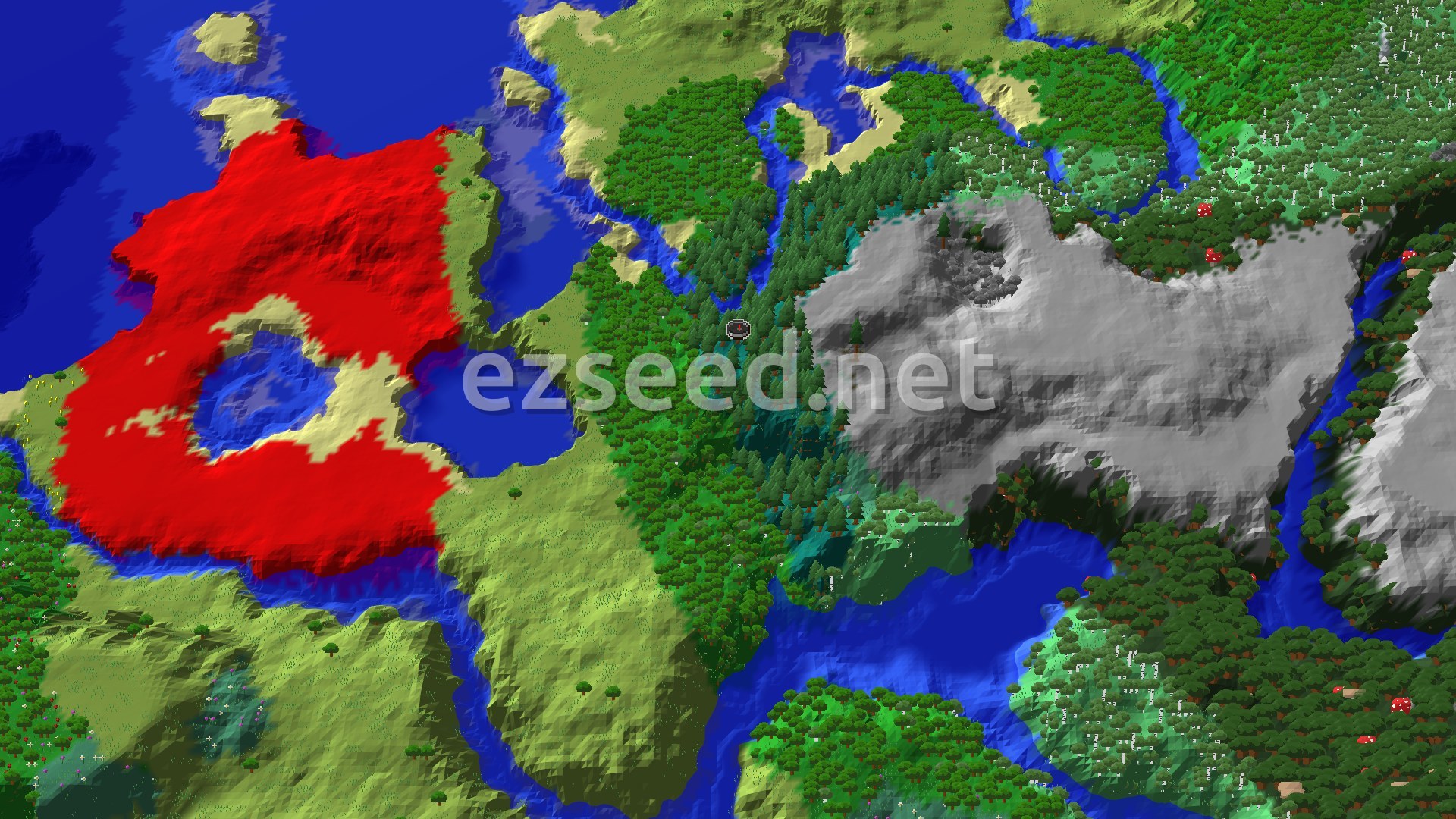 A 3D overhead view of a diverse landscape featuring dense green forests, a prominent red-colored mountainous region, and dark grey hills, all cut by blue rivers and oceans. A small spawn marker is visible in a forest clearing.
