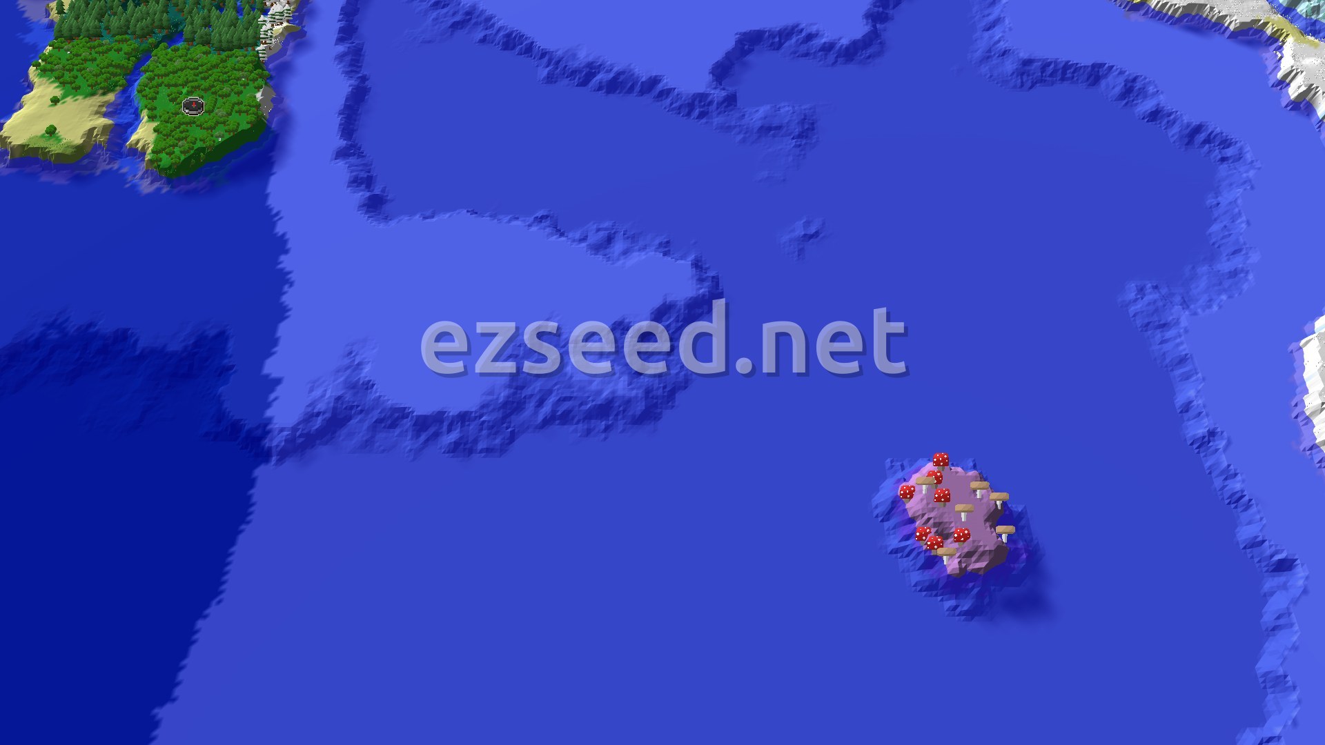 A small green forest peninsula with sandy shores sits in the top-left corner, surrounded by deep blue ocean and a lone mushroom island to the southeast.