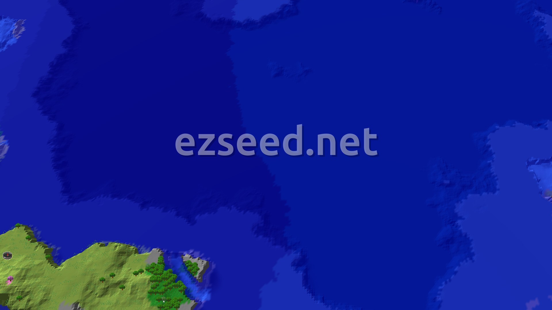 An overhead view shows a large green island with patches of trees, surrounded by blue ocean. A small spawn marker is visible near the island's center.