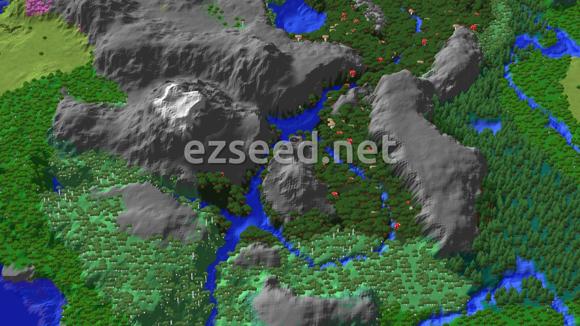 A narrow river winds through a dark forest dotted with red mushrooms, with grey rocky ridges on both sides and birch woods and pines beyond.
