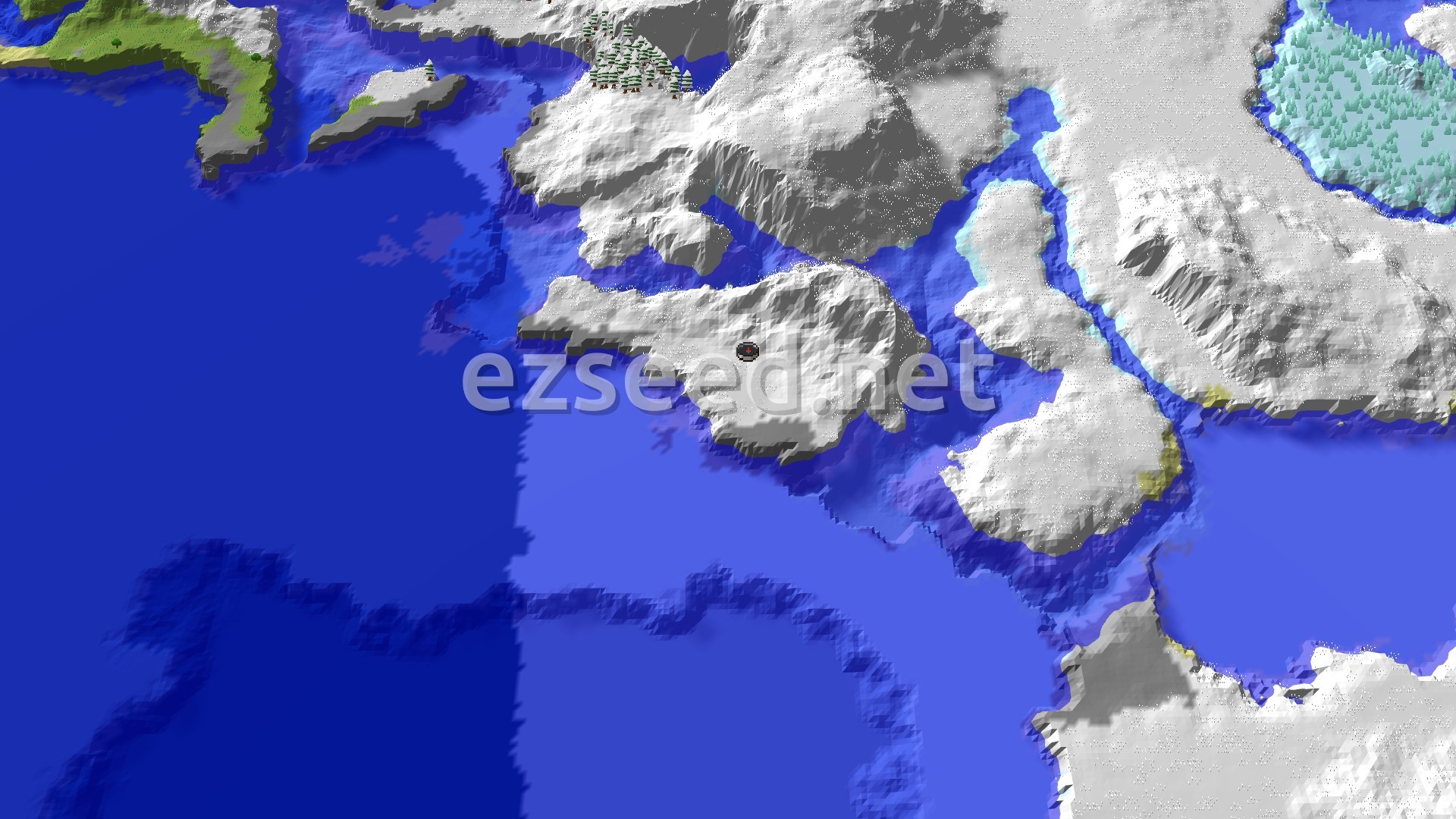 A snow-covered headland juts into deep blue water, with more white hills, a frozen inlet and a patch of spruce forest to the north and east.