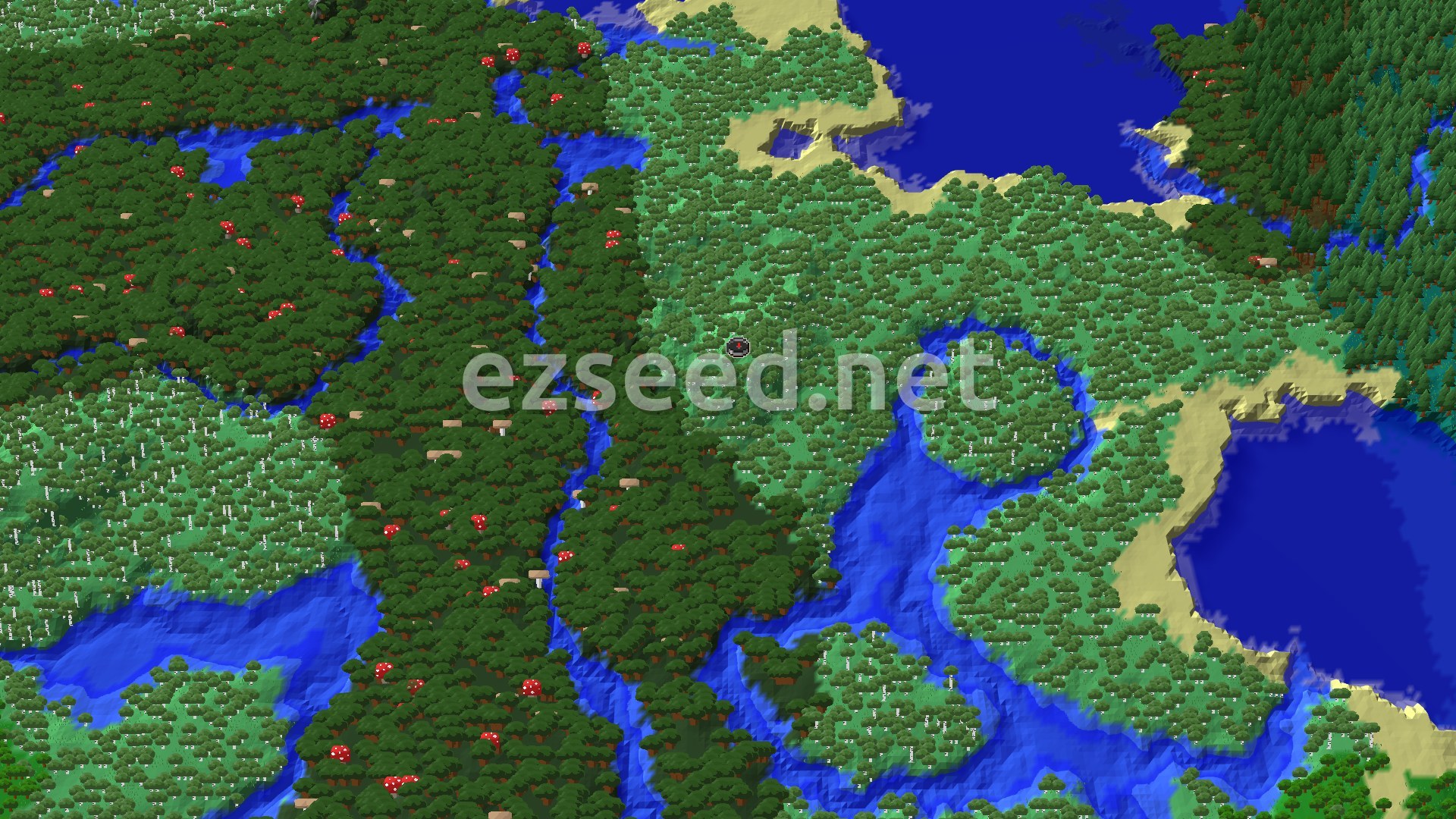 A fly-over of pale birch forest at the spawn marker, with a dark forest of red mushrooms to the west, a river, beaches and open water.