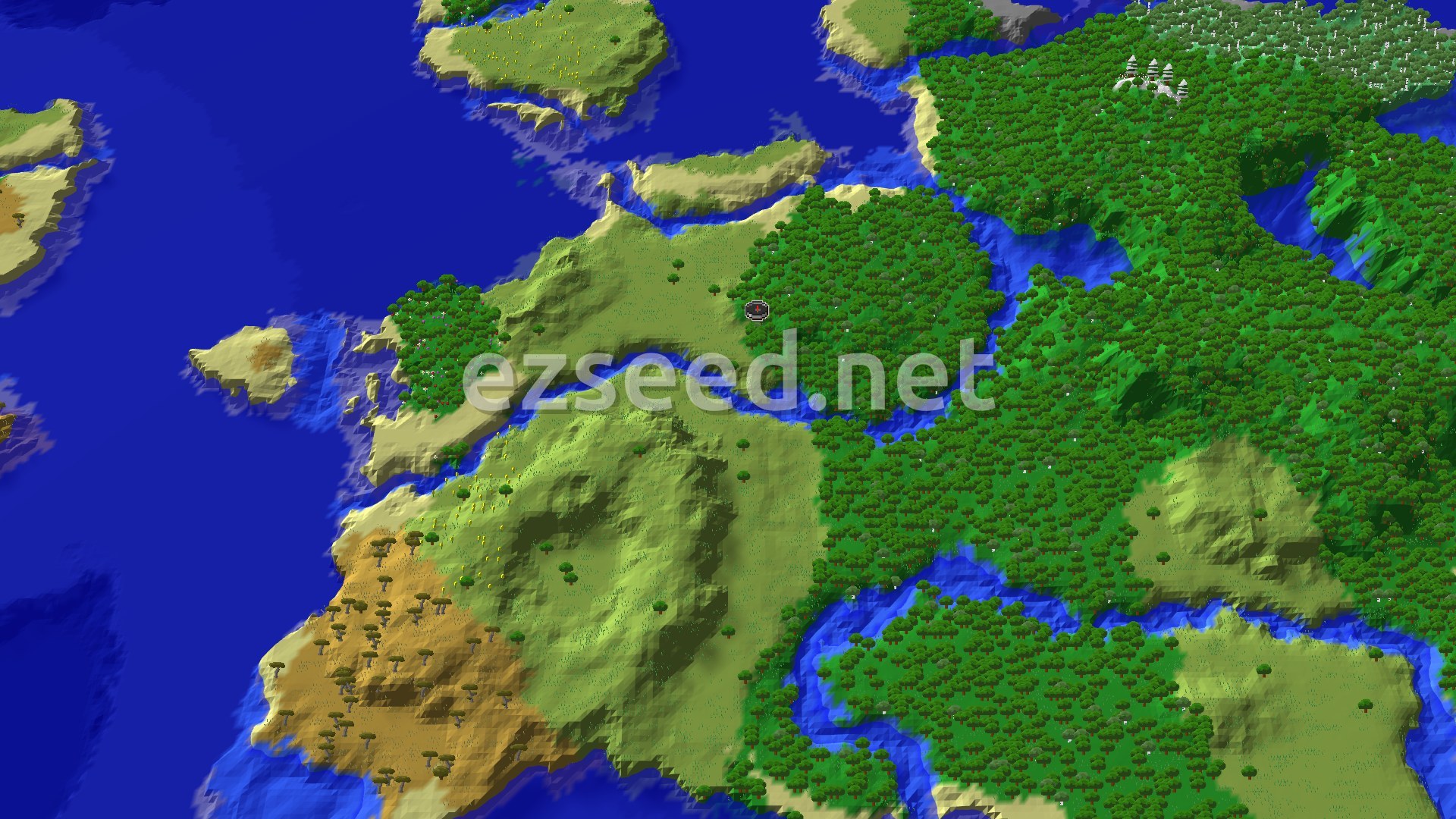 A bird's-eye view of a large, green island covered mostly in forests, surrounded by blue ocean, with a small marker at the center indicating the spawn point.