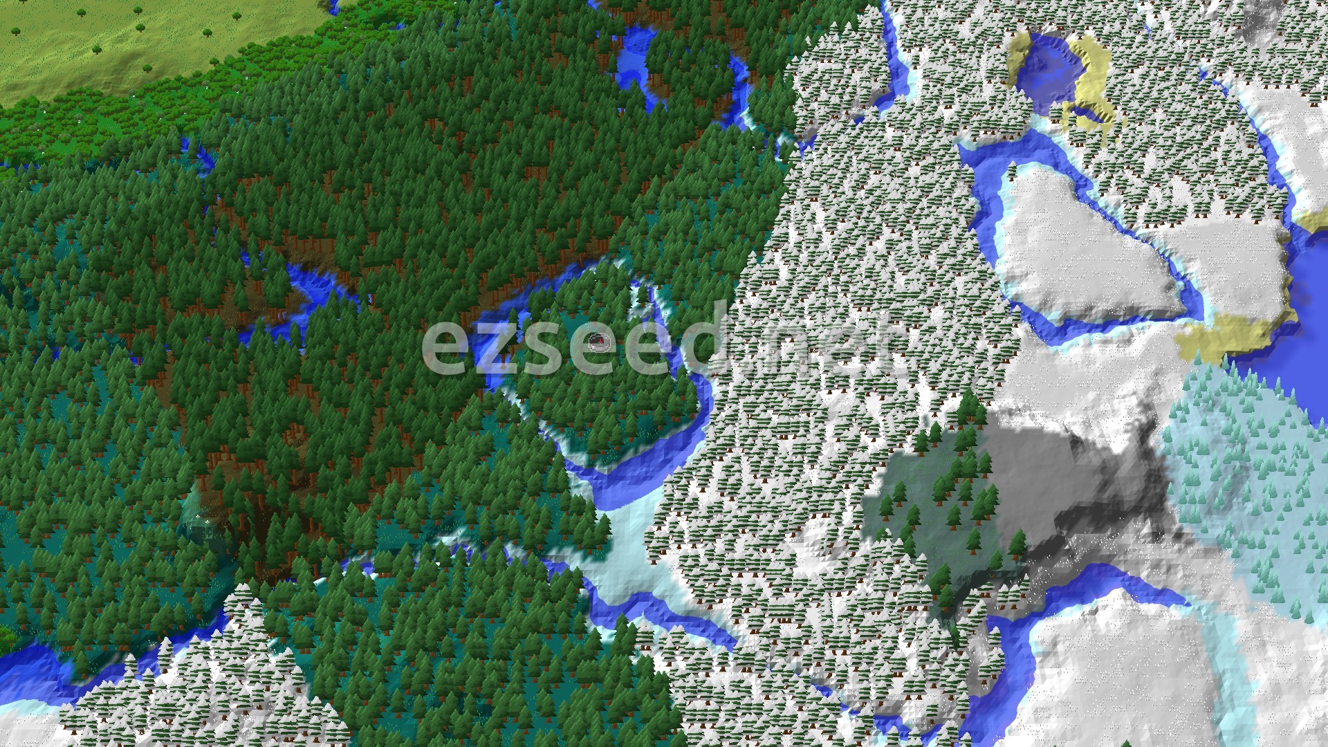 A bird's-eye view of a vast, green taiga forest on the left, separated by a river from a snowy taiga forest on the right, with patches of ice and frozen water.