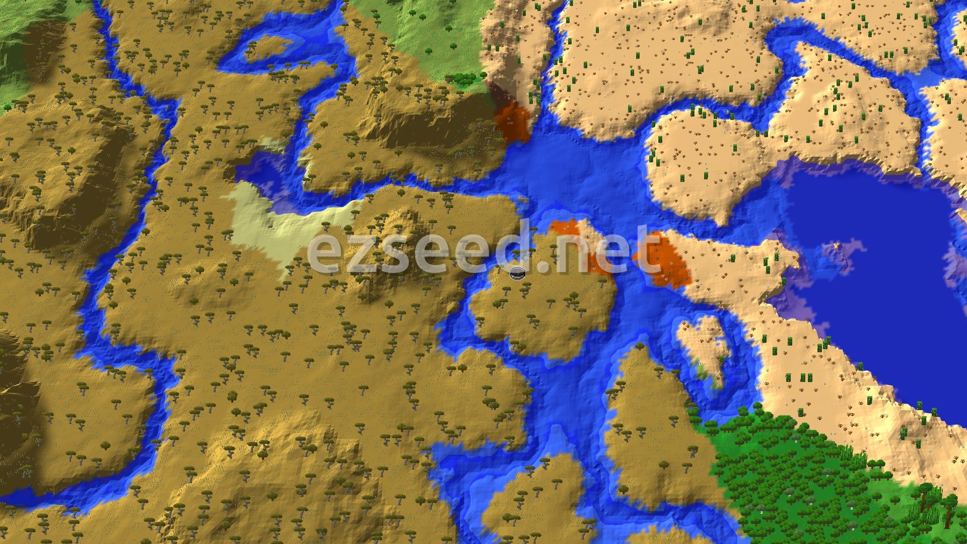 A 3D fly-over of savanna hills dotted with flat-topped acacias, split by wide blue rivers, with pale desert sand to the east and green forest at the lower right.