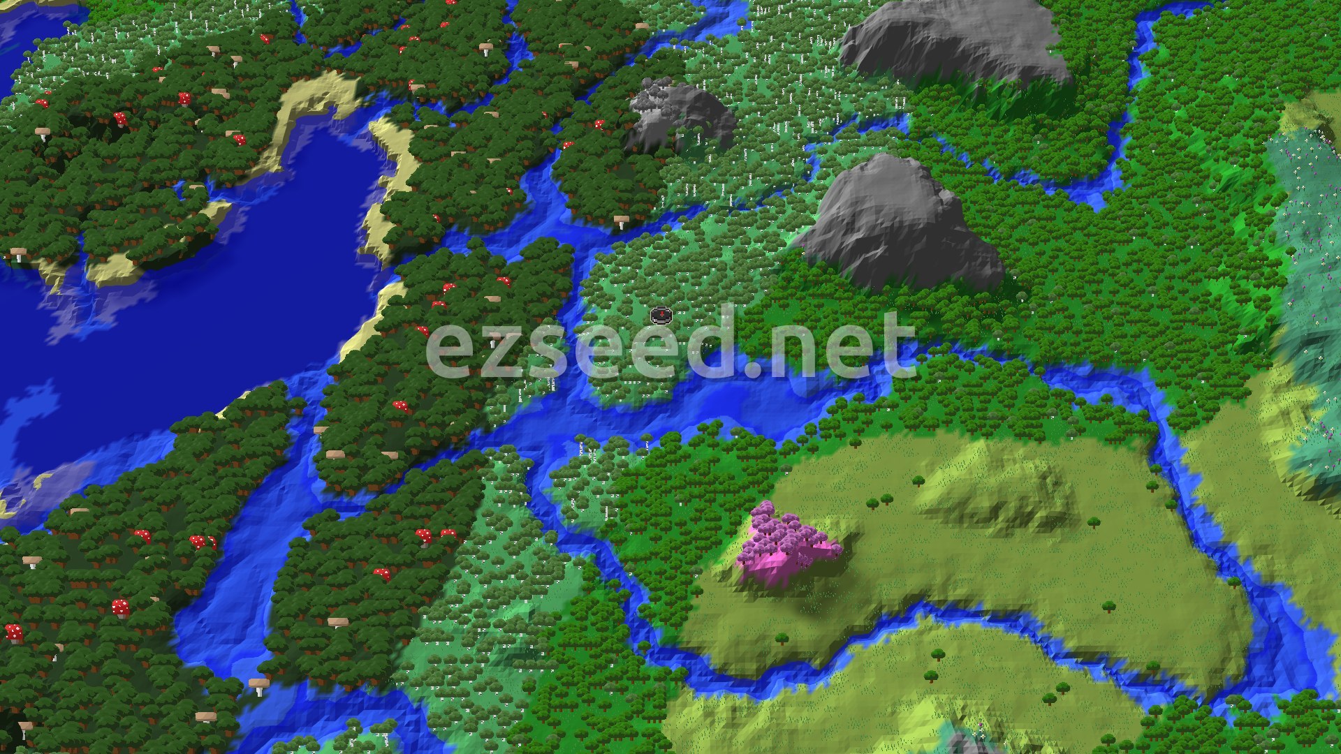 A 3D fly-over of a seed showing dense forests, winding rivers, a small pink cherry grove, and some grey mountains.