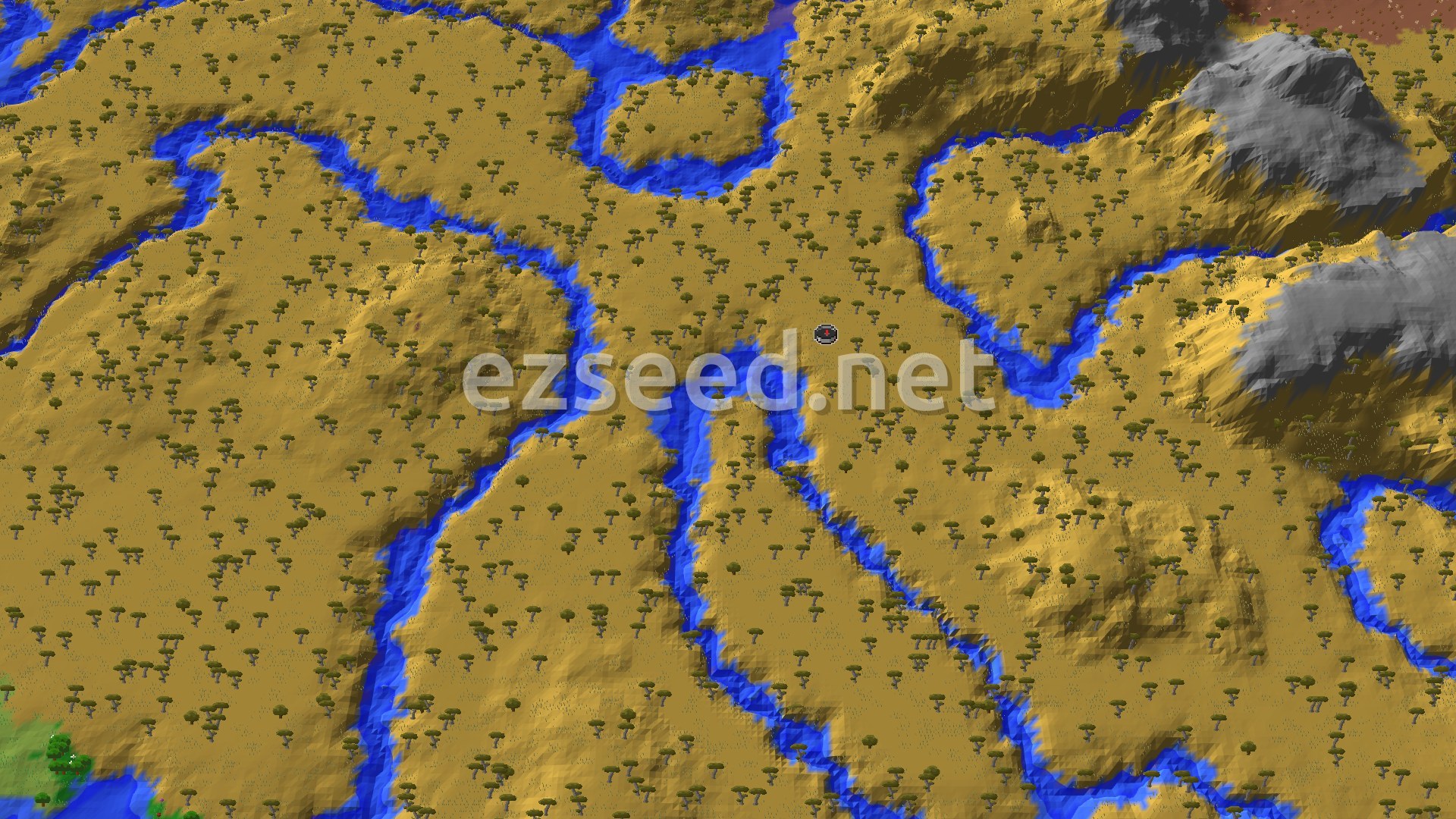 A wide savanna of golden grass and flat-topped acacias, split by winding blue rivers, with grey rocky hills in the upper right corner.