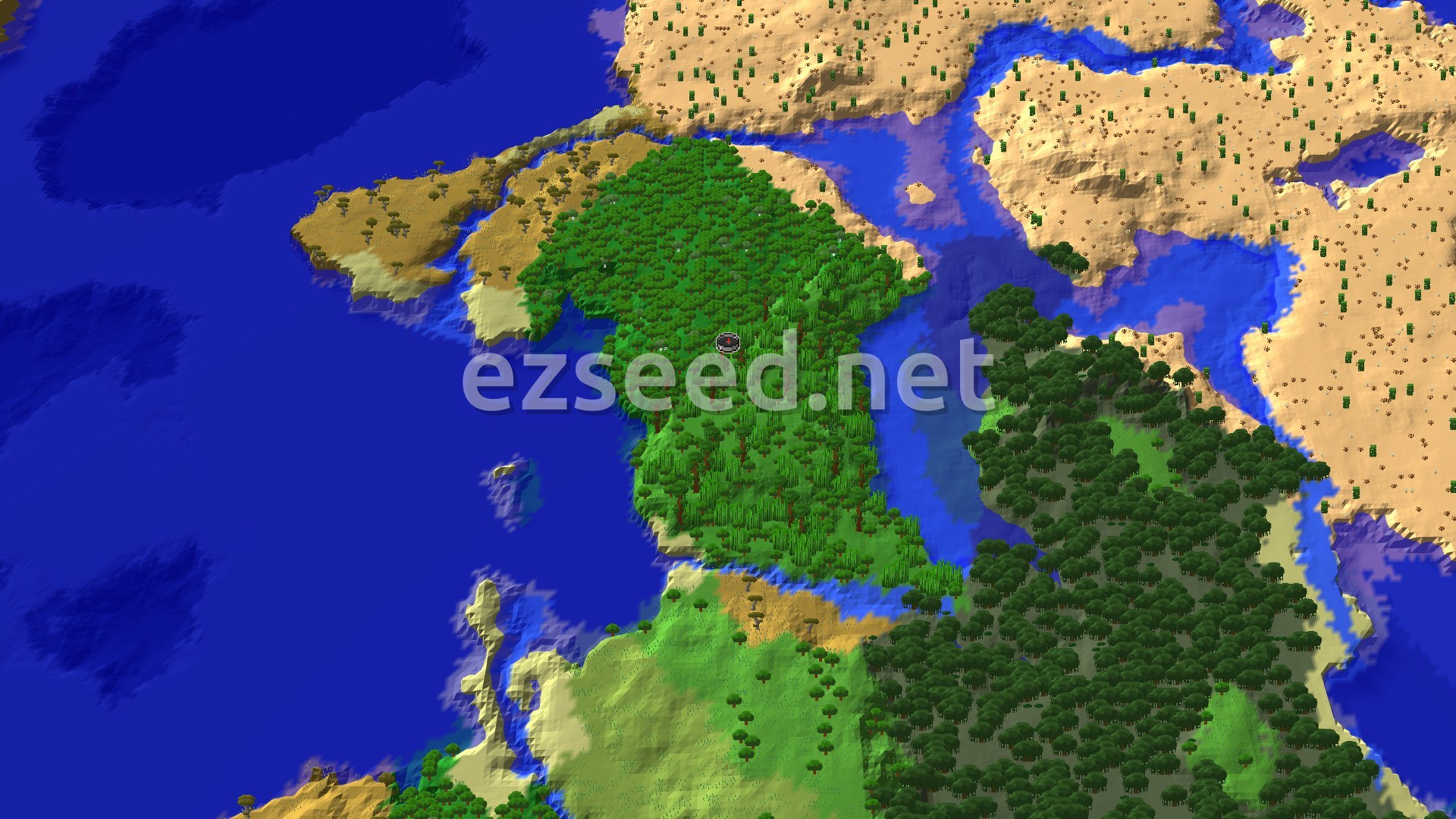 A jungle-covered landmass with tall trees and bamboo, bordered by deep blue water, sandy desert plateaus to the north and east, and dark mangrove forest to the south-east.