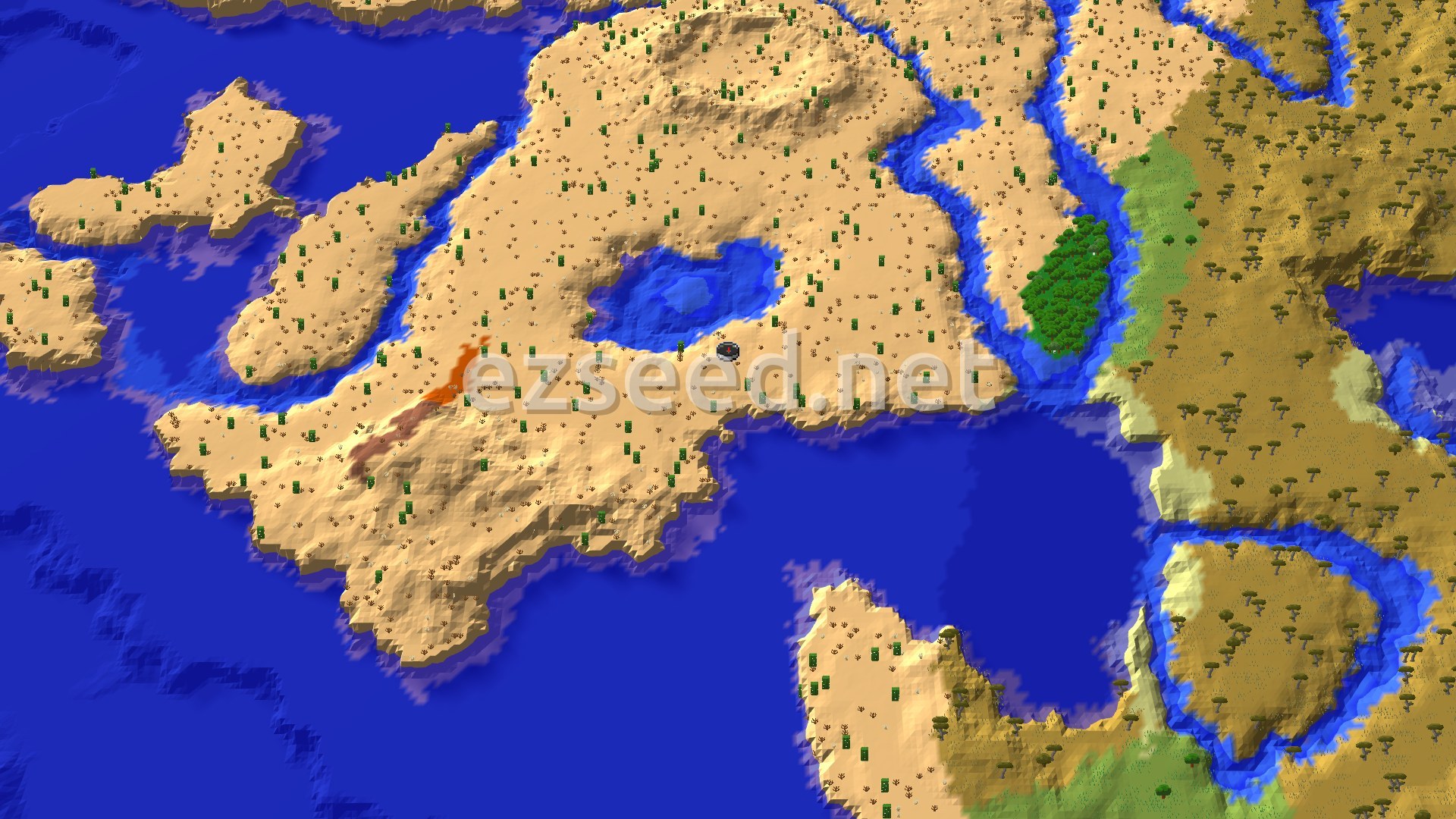 A sandy desert landmass dotted with cacti and dead bushes, cut by blue bays and a river channel, with savanna and a small green forest patch to the east.