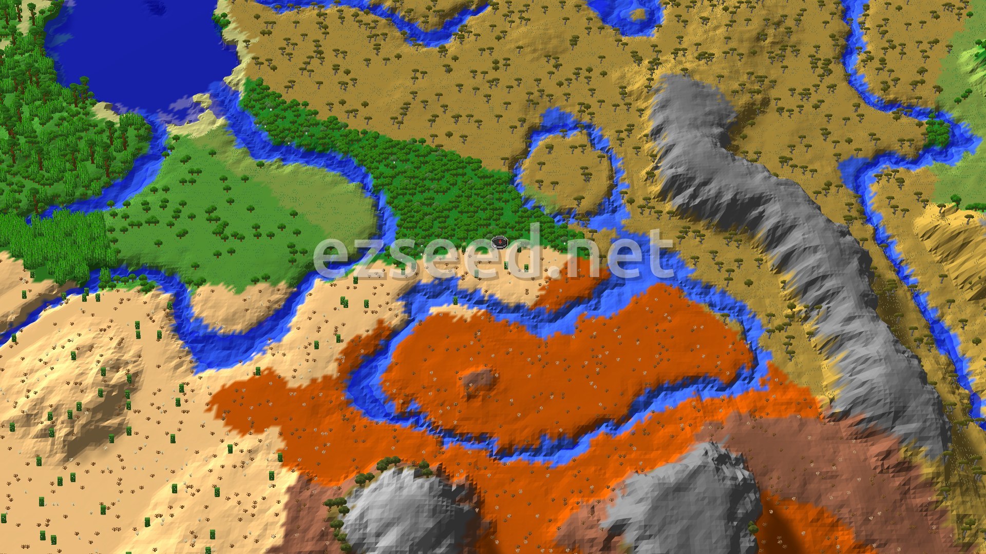 A fly-over of a sandy desert bordered by a river, with orange badlands to the south, a green forest and plains to the west, and acacia-dotted savanna with grey stone ridges to the east.