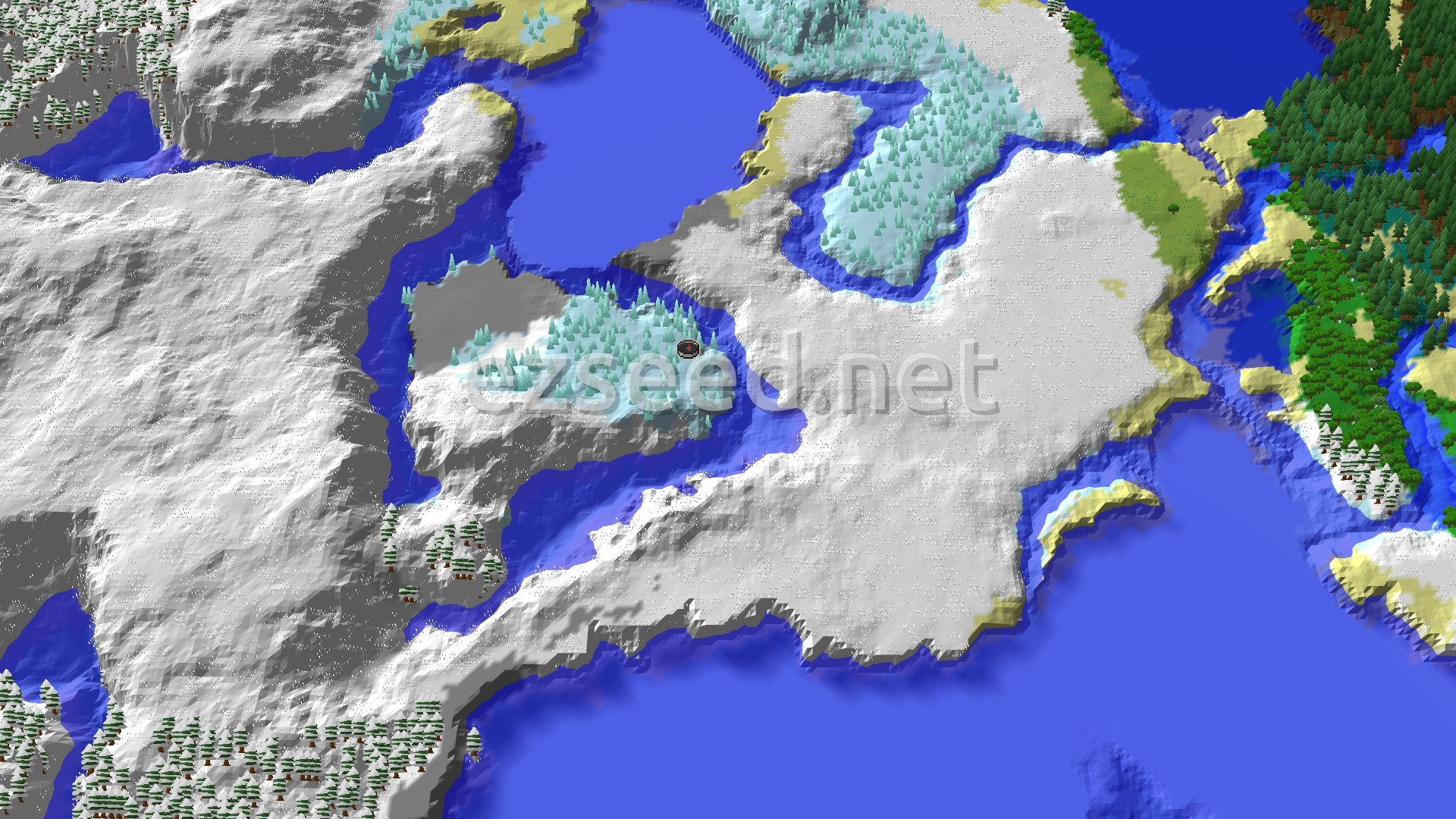 A snow-covered coastline with a small cluster of pale ice spikes beside a frozen channel, open water to the north and east, and green forest along the far right edge.