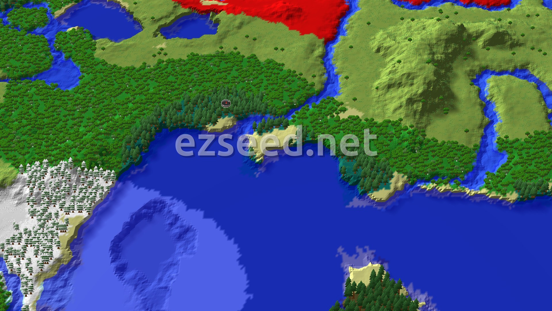 A 3D aerial view of a forested taiga landscape, with a large cold ocean to the south and a snowy taiga biome to the southwest. A river flows through the northern part of the map.