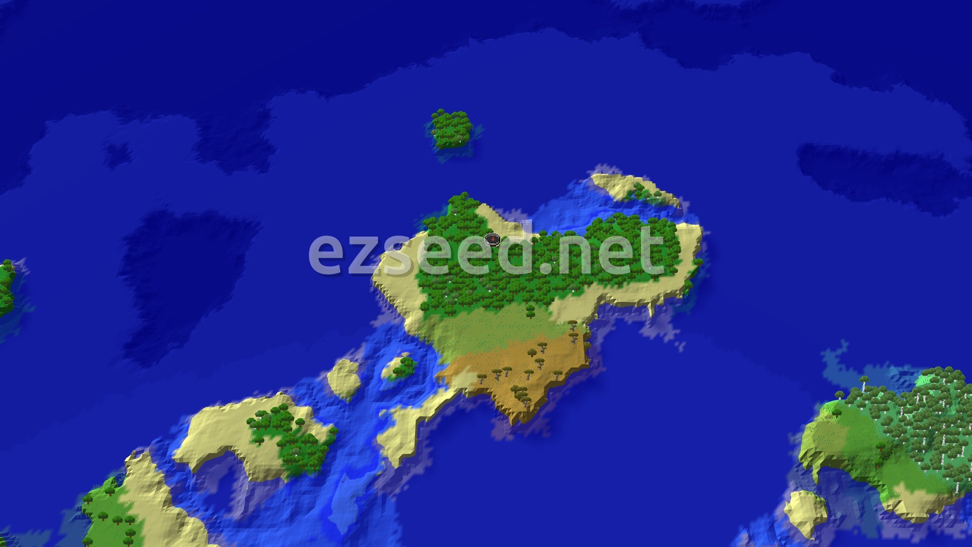 An aerial view of a medium-sized island covered mostly in forest, with a patch of savanna and beaches, surrounded by vast ocean. A small marker indicates the spawn point within the forest.