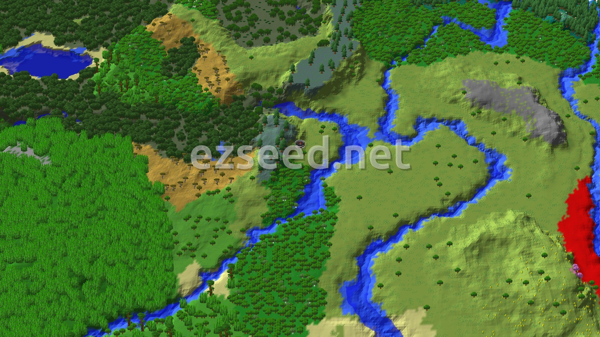 An overhead 3D view of diverse biomes including plains, forests, and a prominent river system, with a small spawn marker in the center.